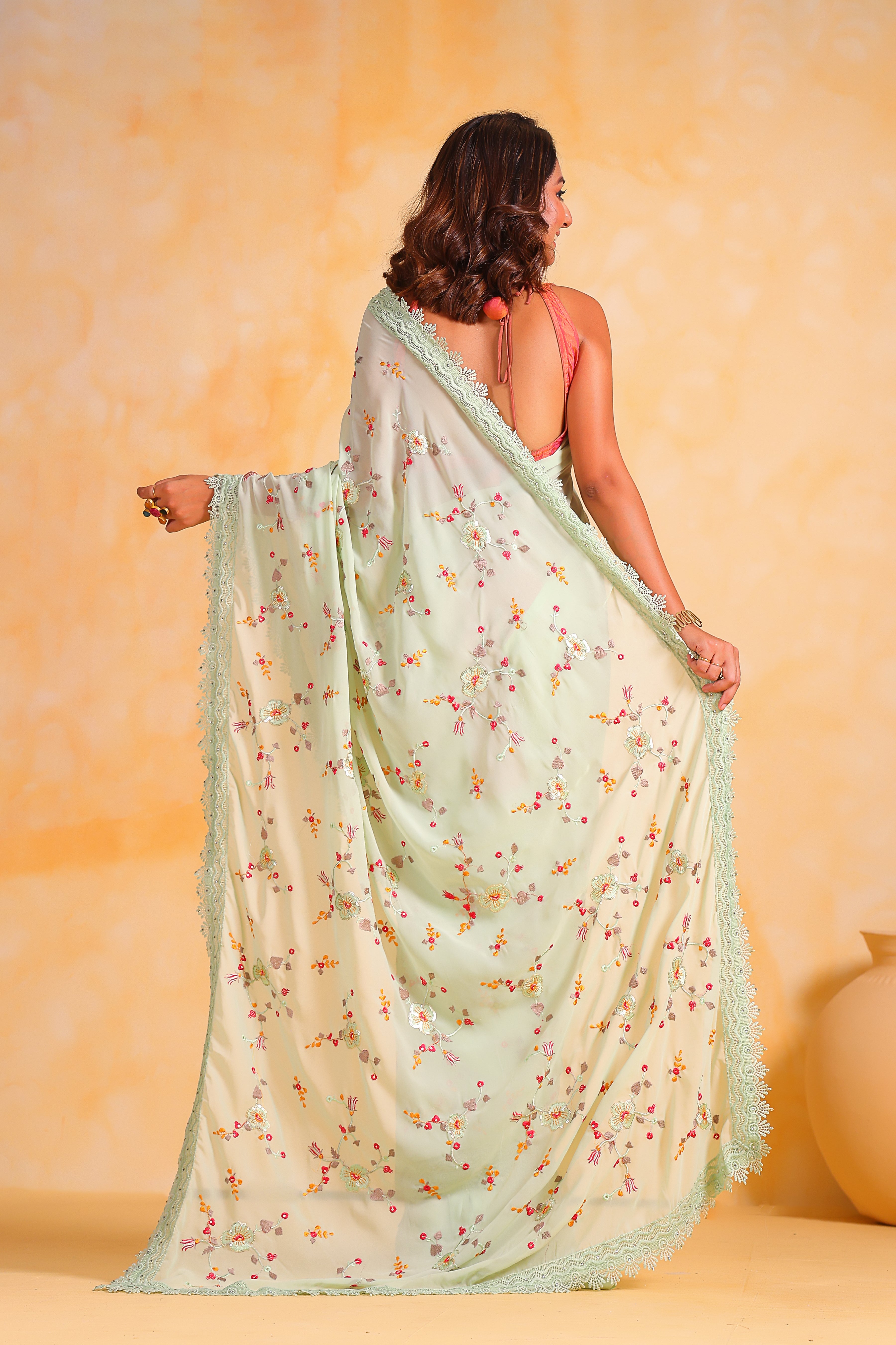Pista Georgette Saree With Satin Banglori Blouse