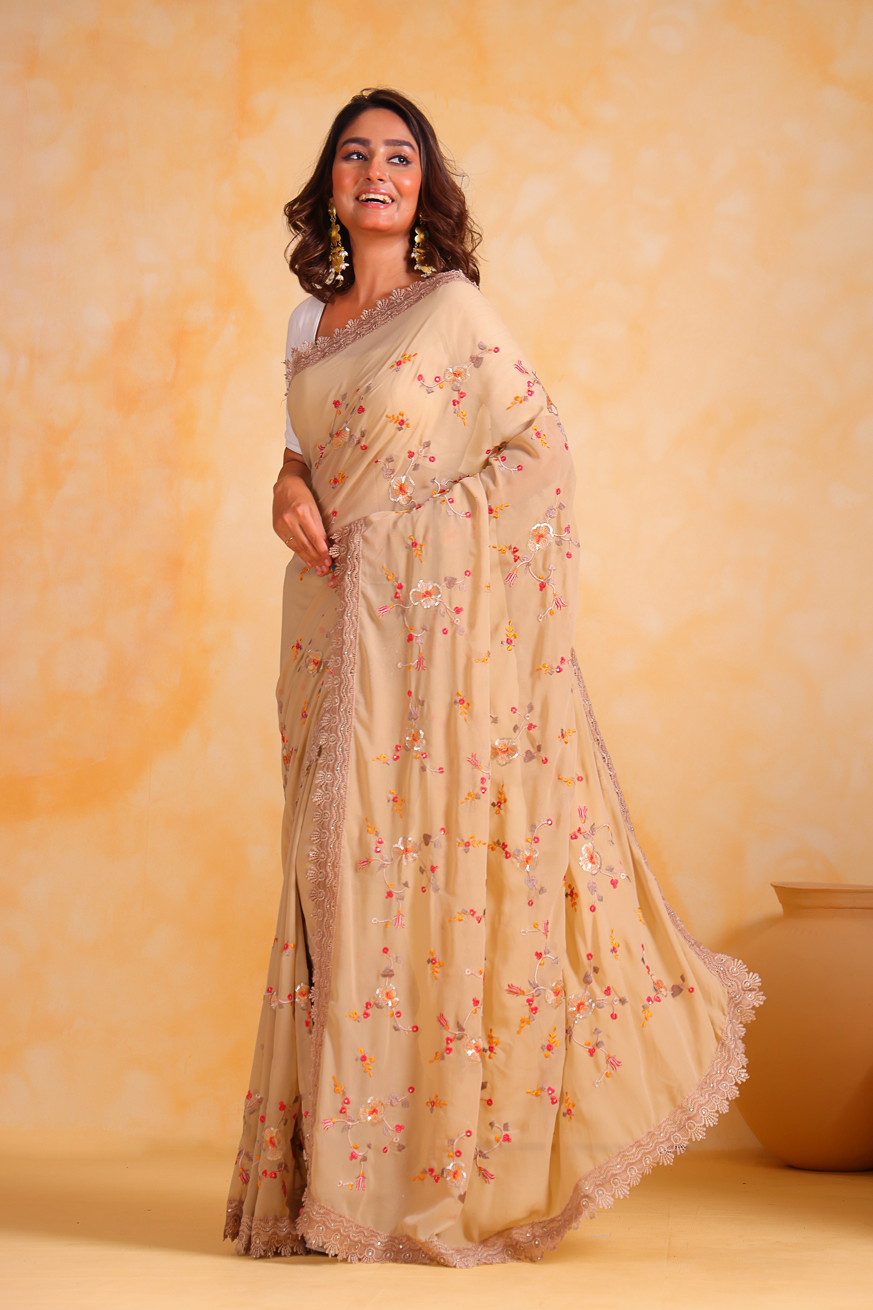 Beige Georgette Saree With Satin Banglori Blouse