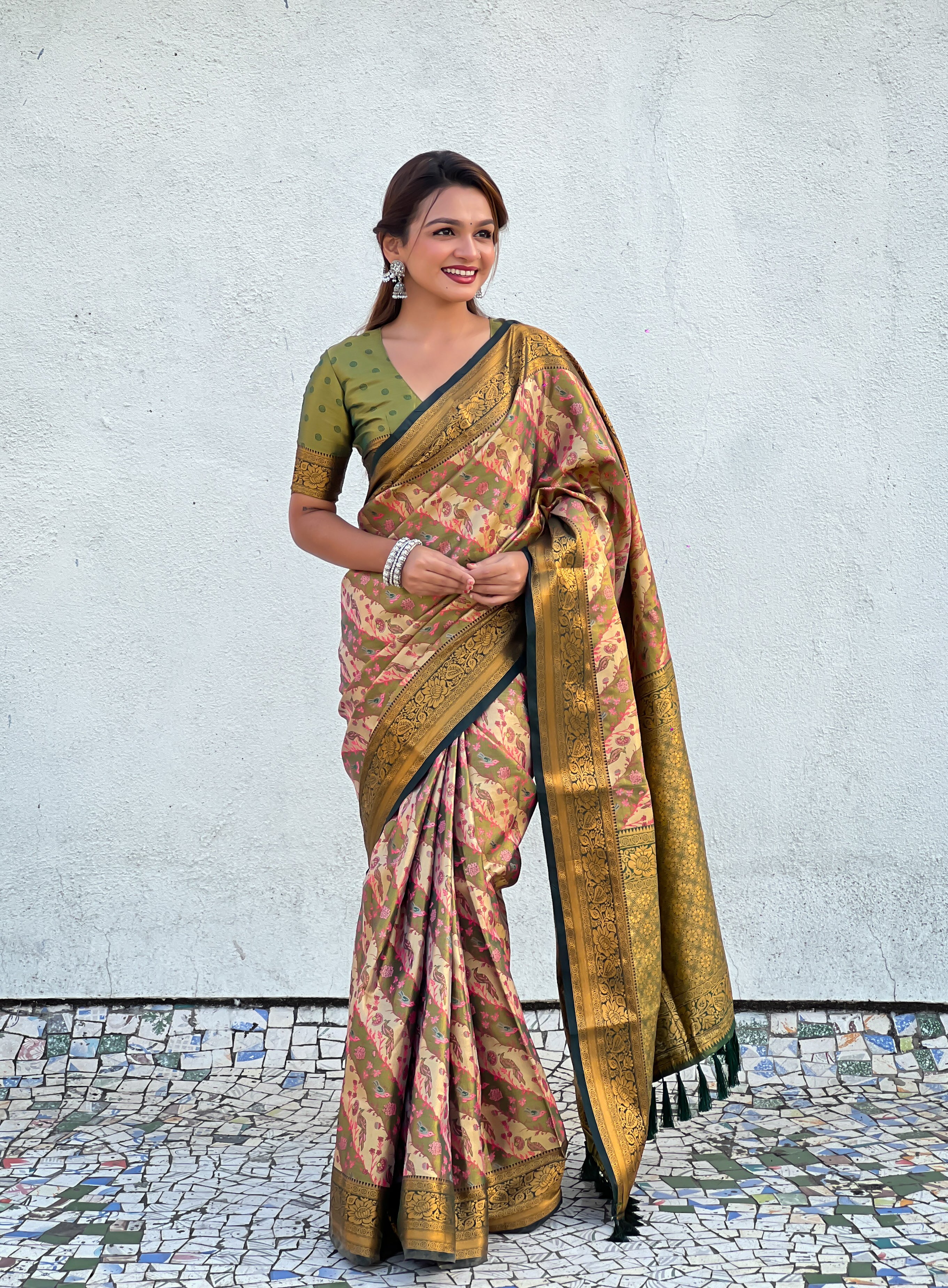 GREEN BANARASI SILK BLEND SAREE