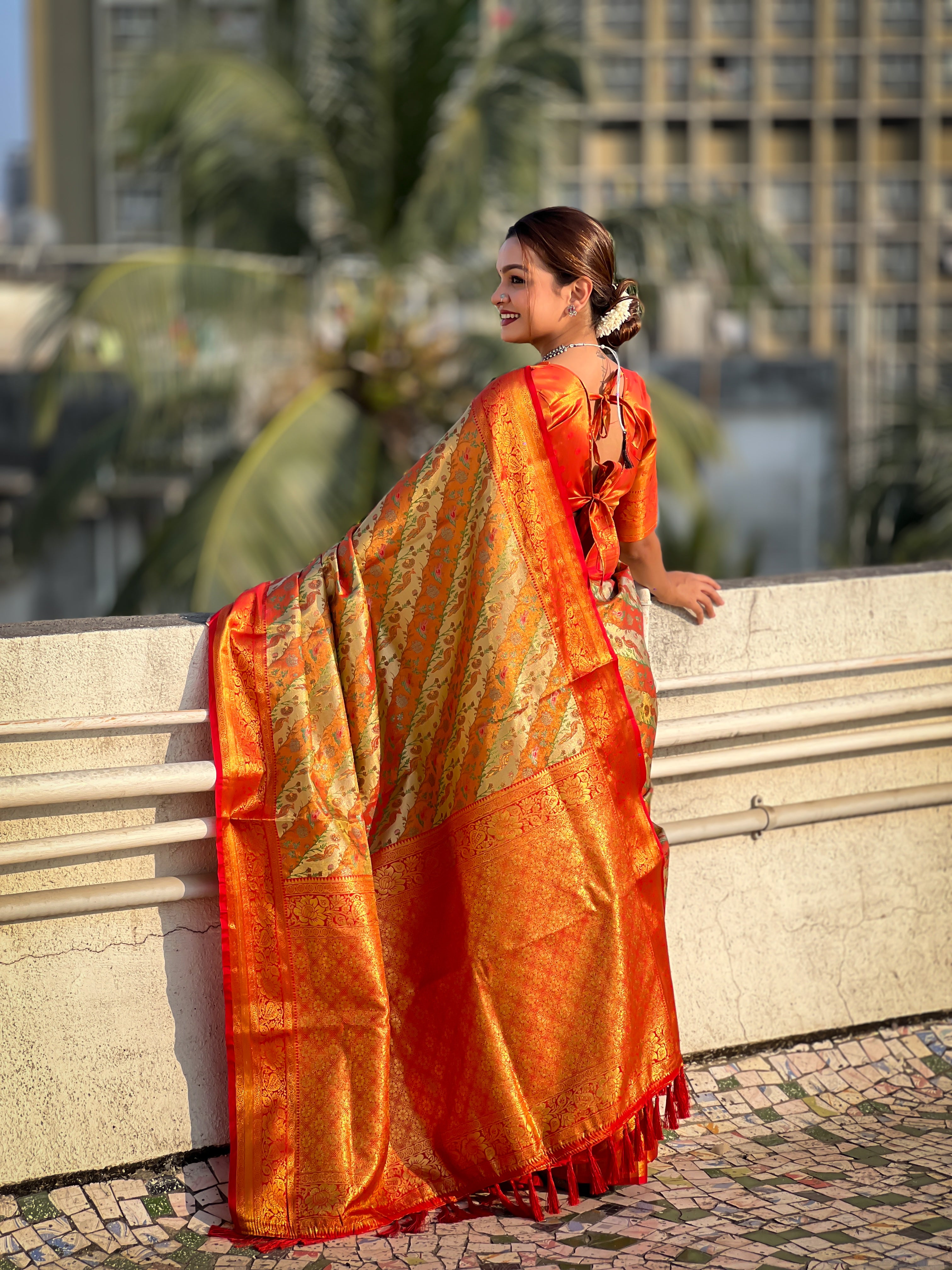 ORANGE BANARASI SILK BLEND SAREE