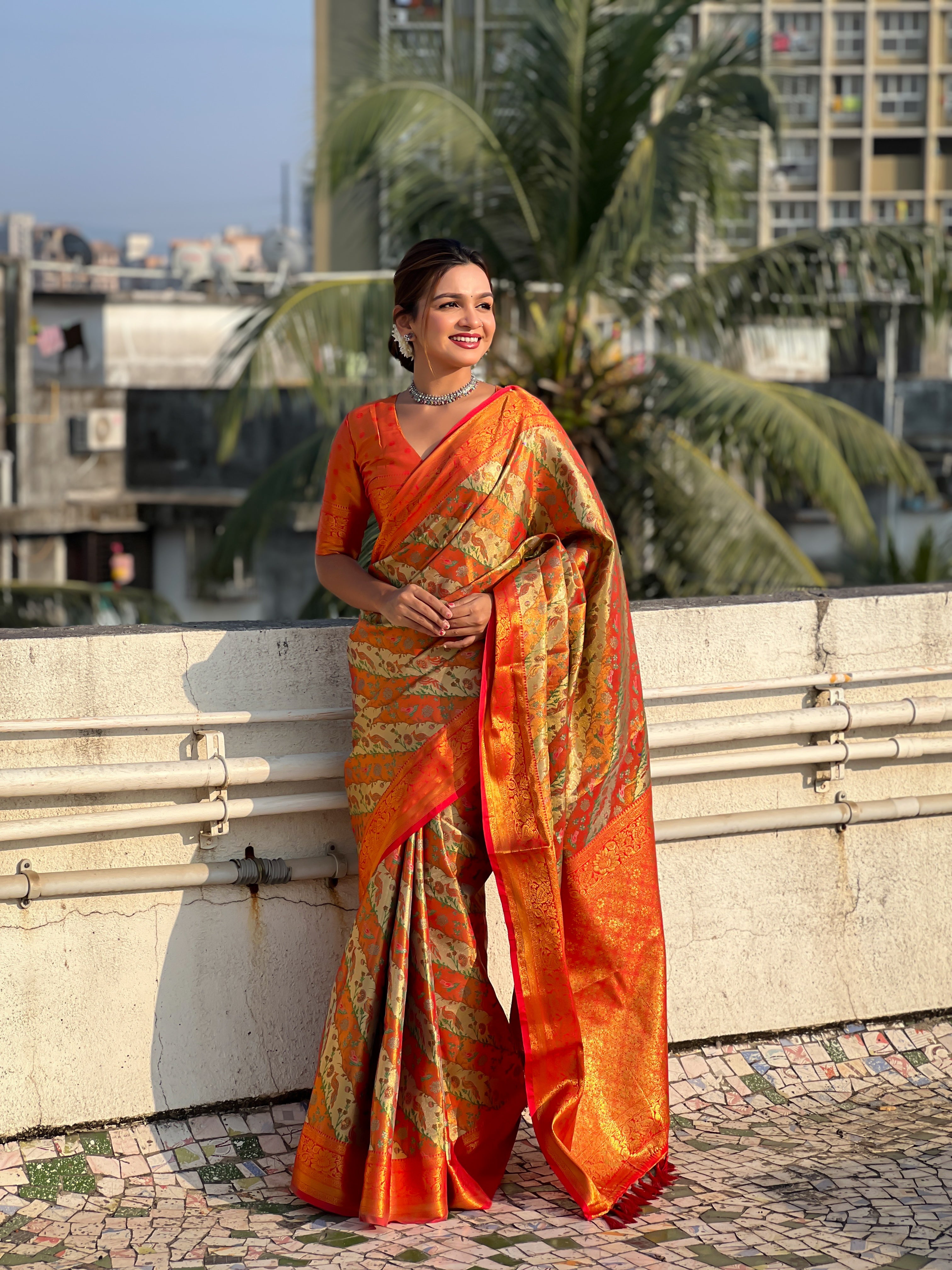 ORANGE BANARASI SILK BLEND SAREE