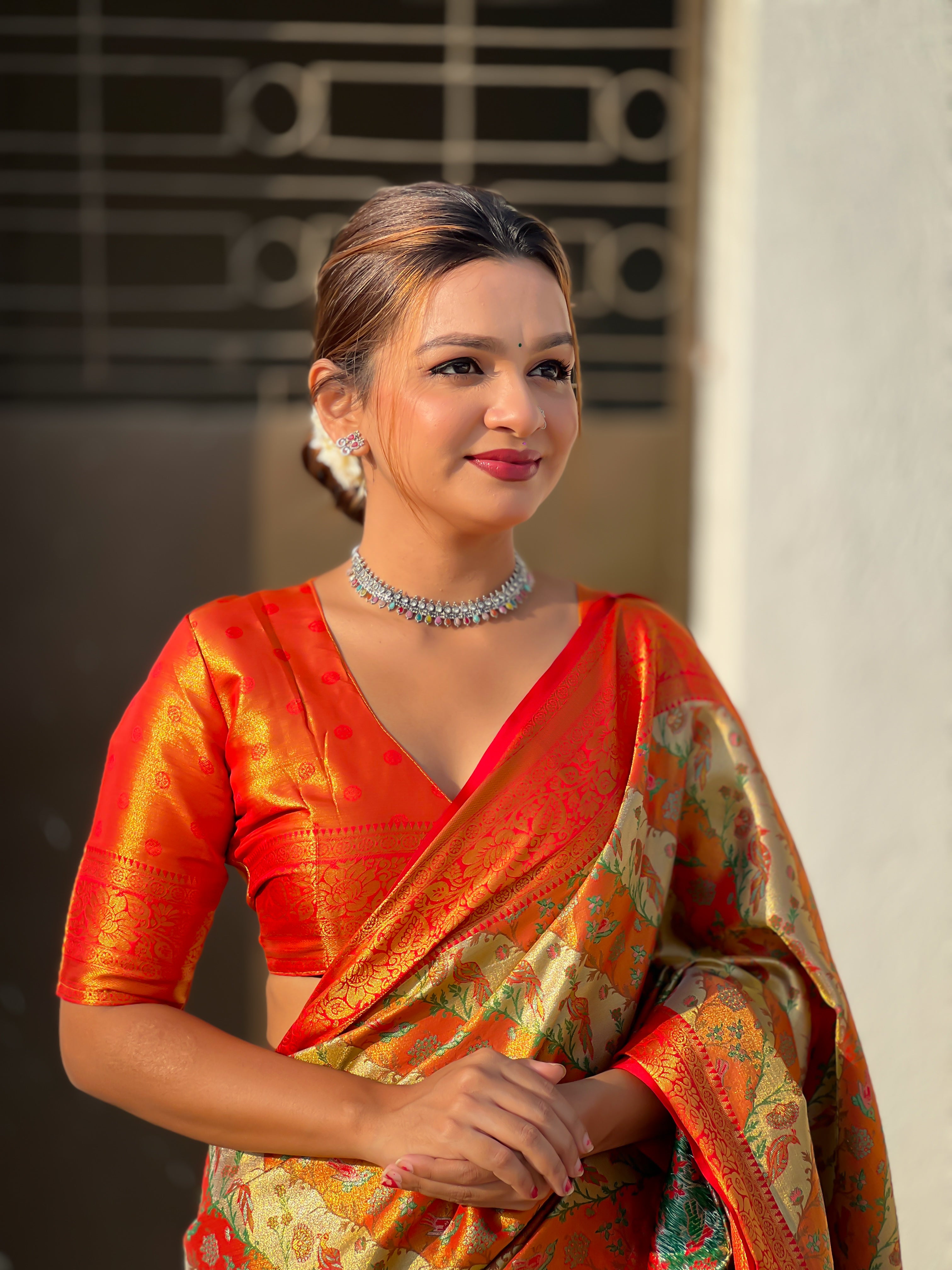 ORANGE BANARASI SILK BLEND SAREE