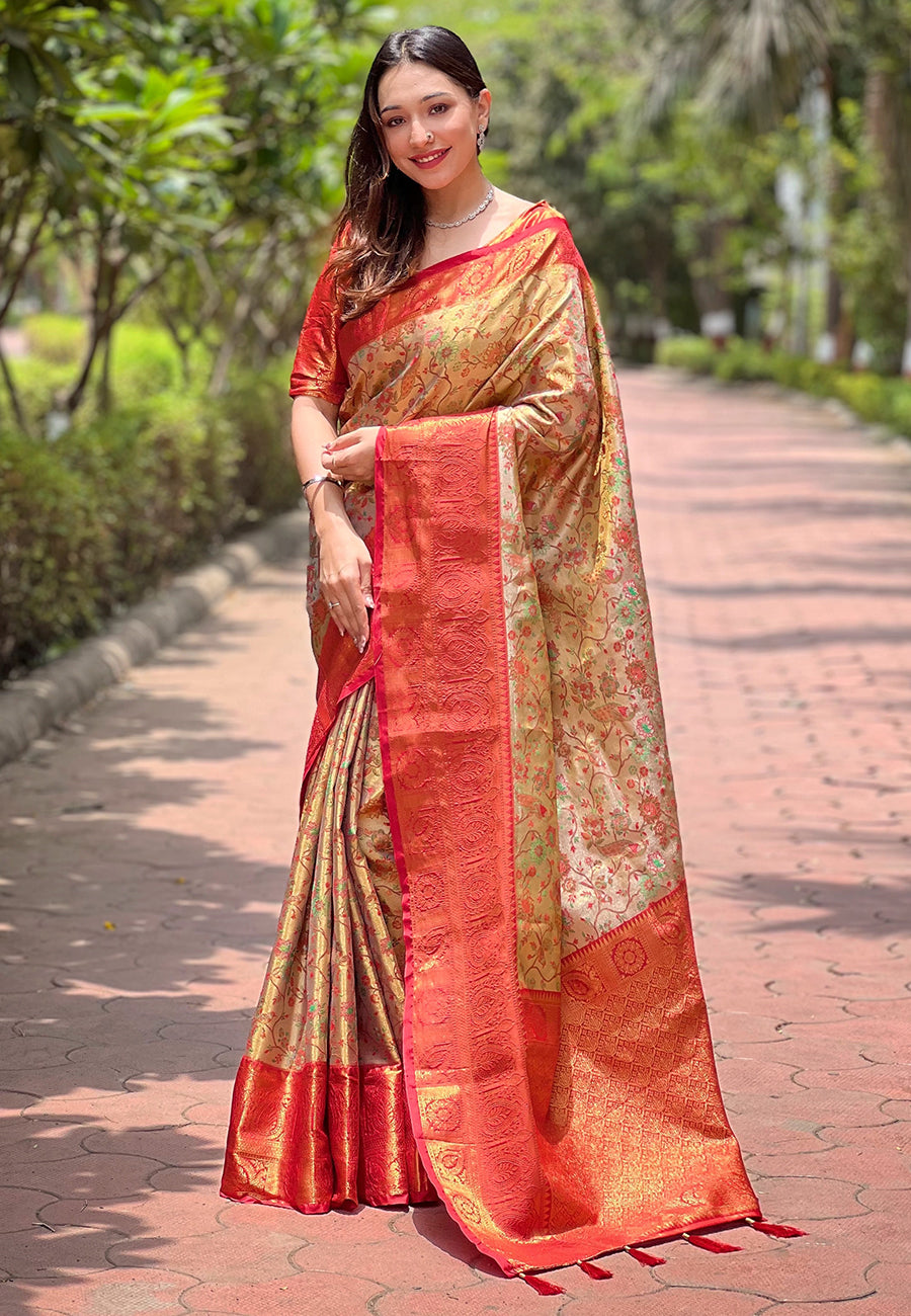 Cherry Red Banarasi Saree