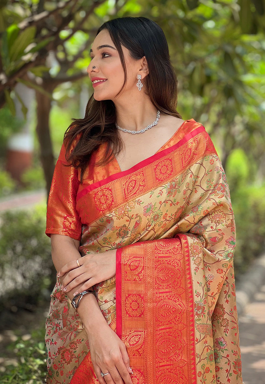 Cherry Red Banarasi Saree