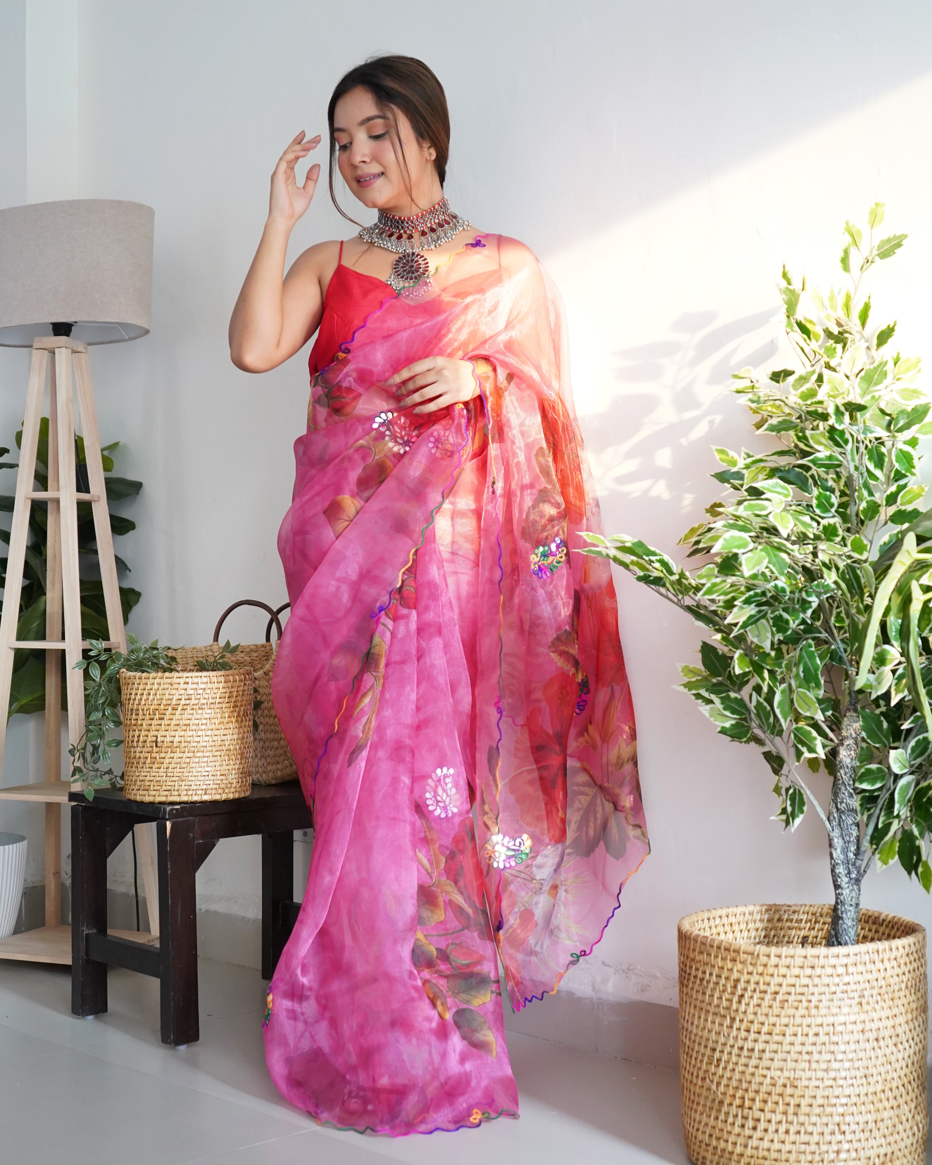 Pink Organza Saree With Satin Benglori Blouse