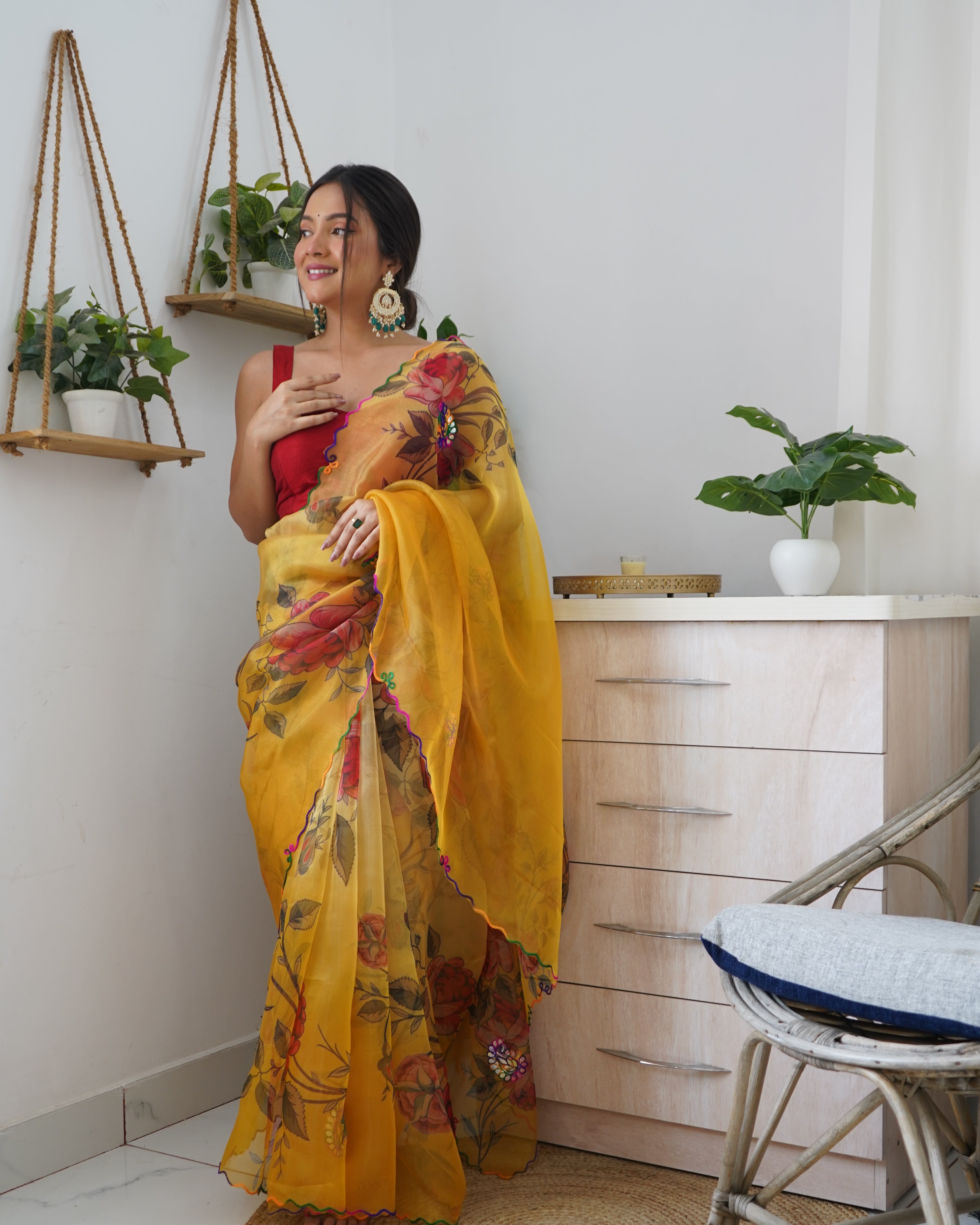 Yellow Organza Saree With Satin Benglori Blouse