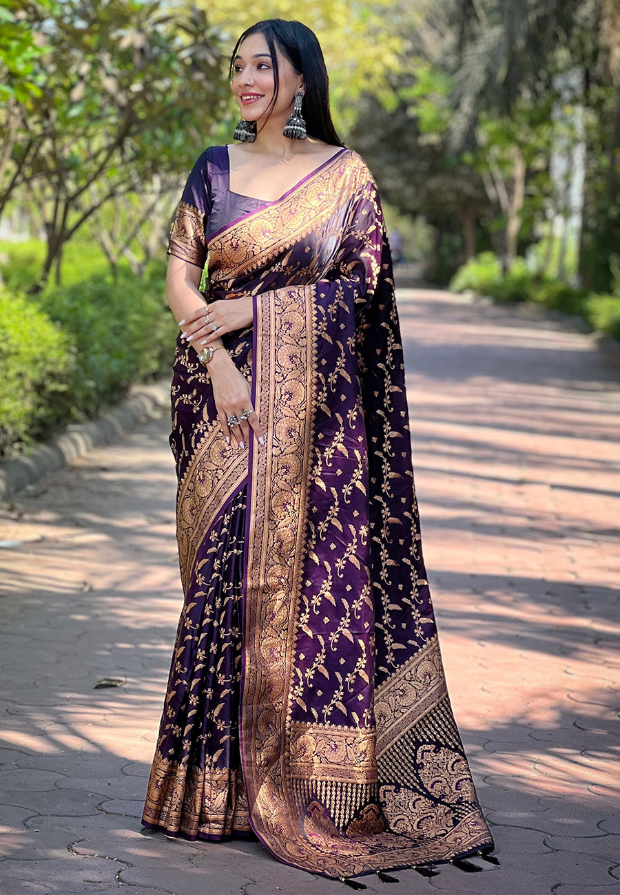 Wine Banarasi Katan Silk Saree