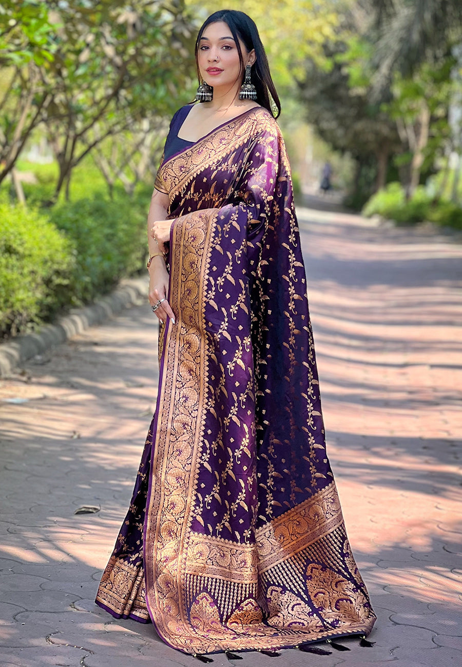 Wine Banarasi Katan Silk Saree