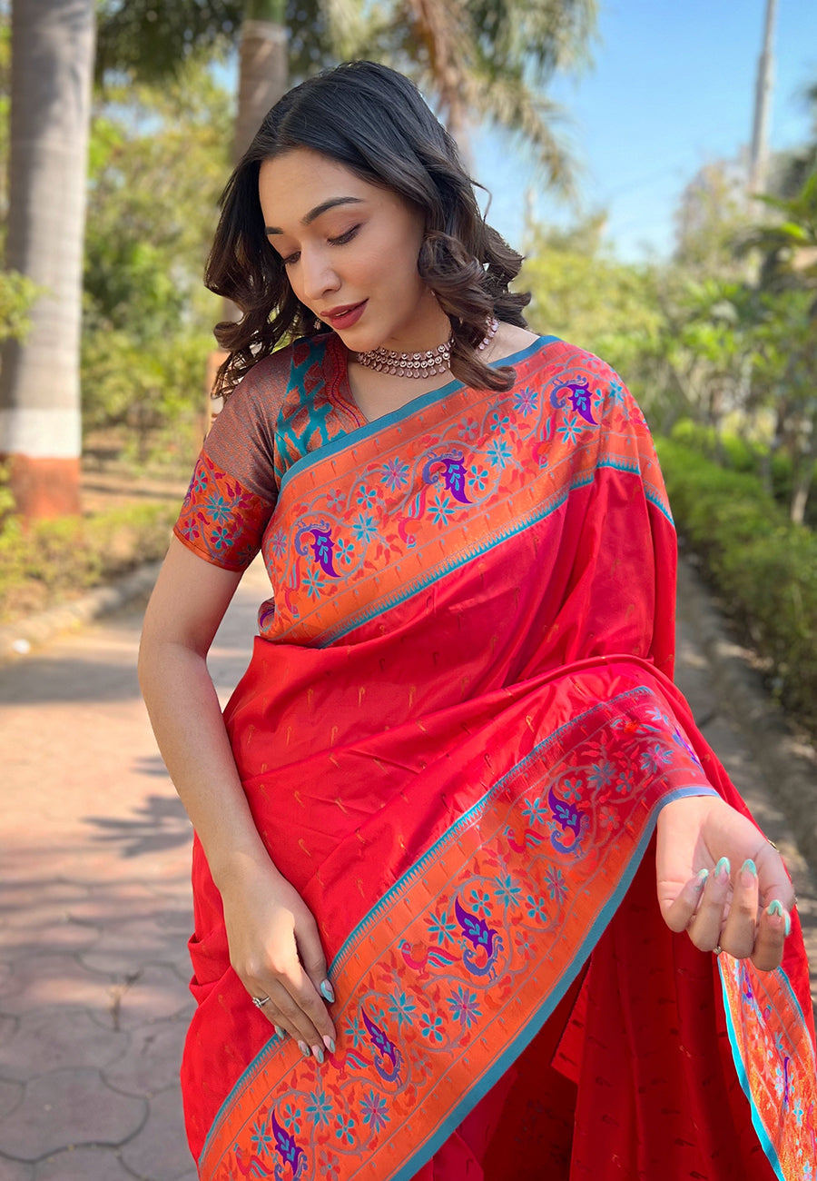 Cherry Red Paithani Saree