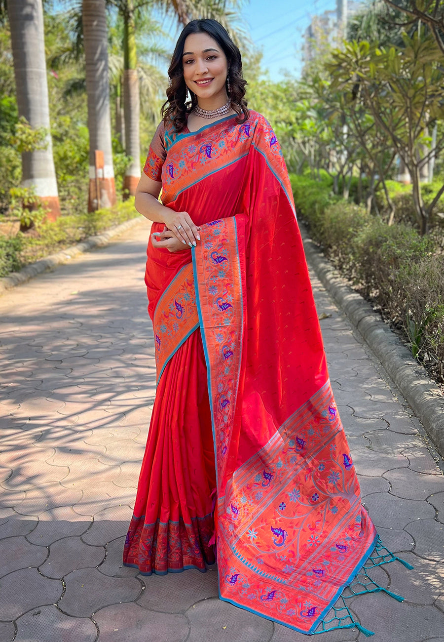 Cherry Red Paithani Saree