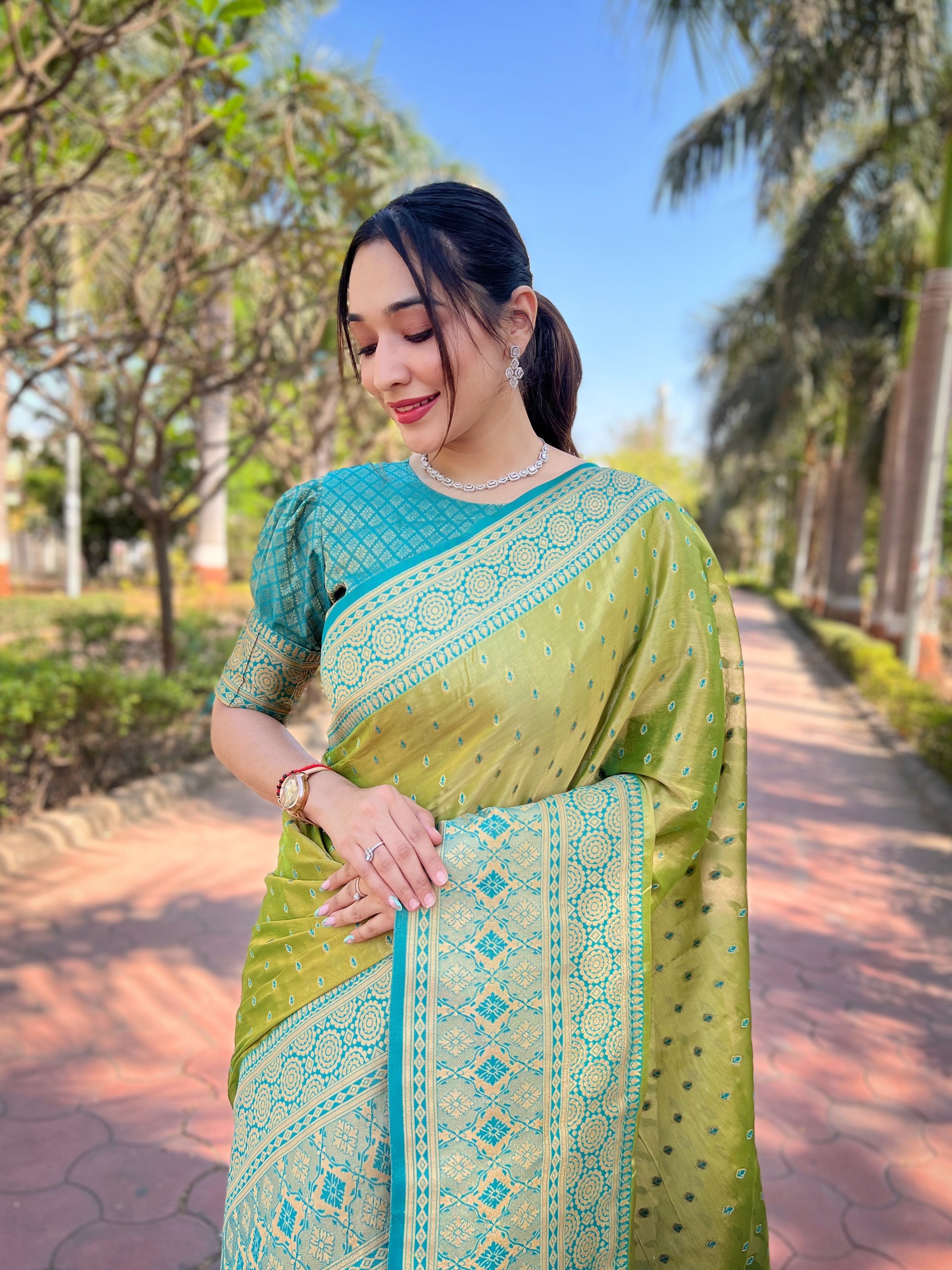 Fern Green Tissue Zari Woven Saree
