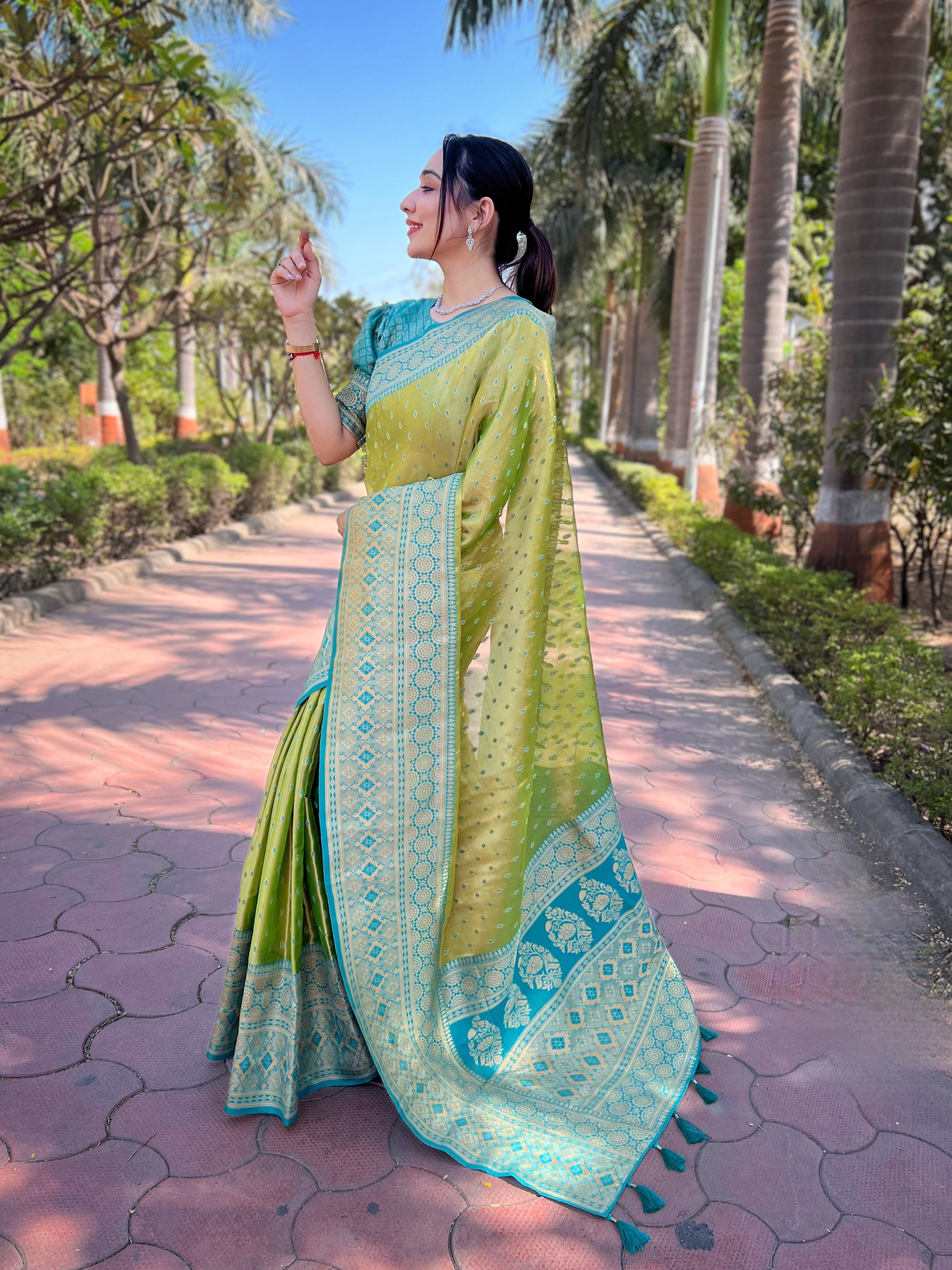 Fern Green Tissue Zari Woven Saree