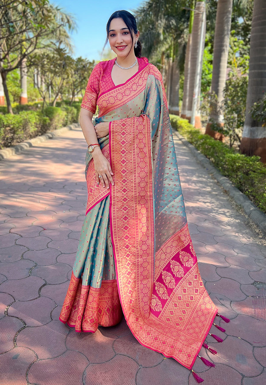 Grey Tissue Zari Woven Saree