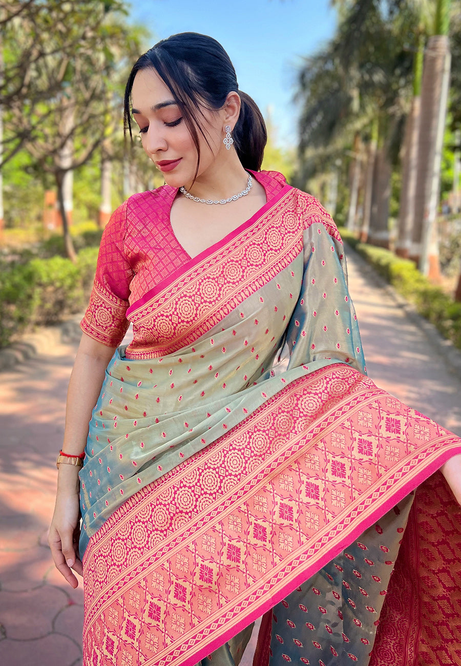 Grey Tissue Zari Woven Saree