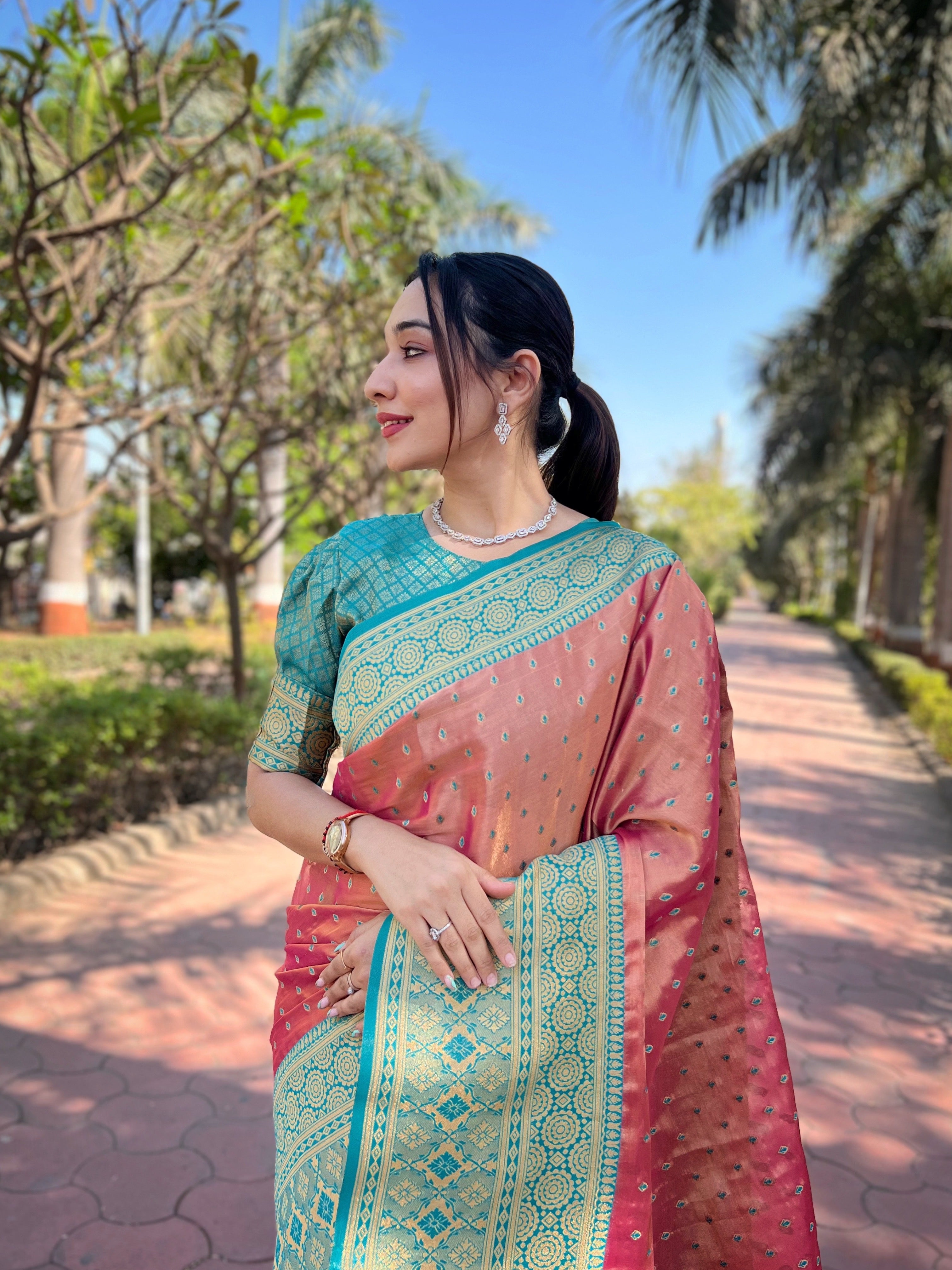 Blush Pink Tissue Zari Woven Saree
