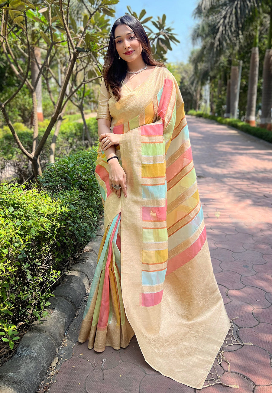 Chickoo Cream Organza Saree