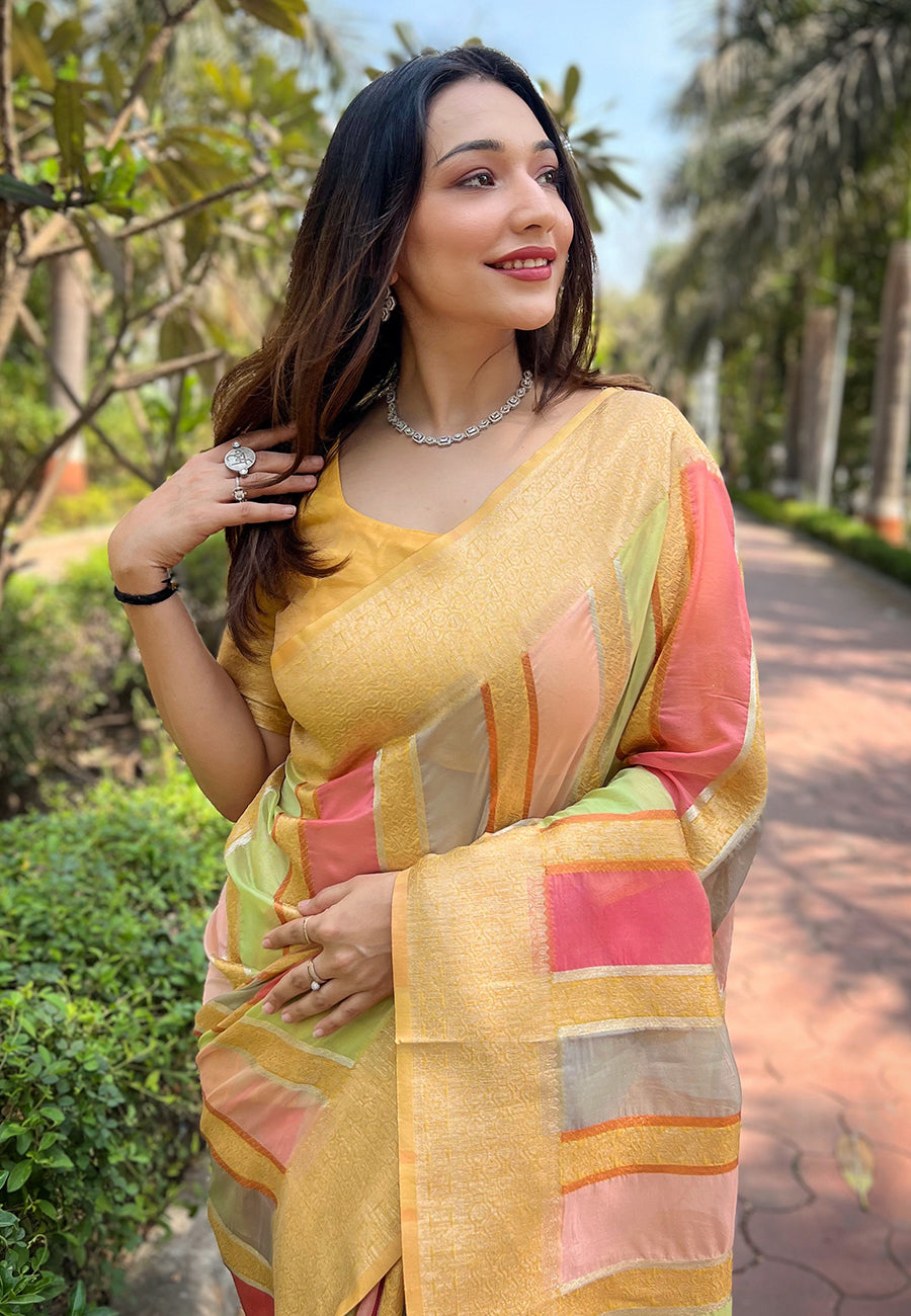 Bright Yellow Organza Saree