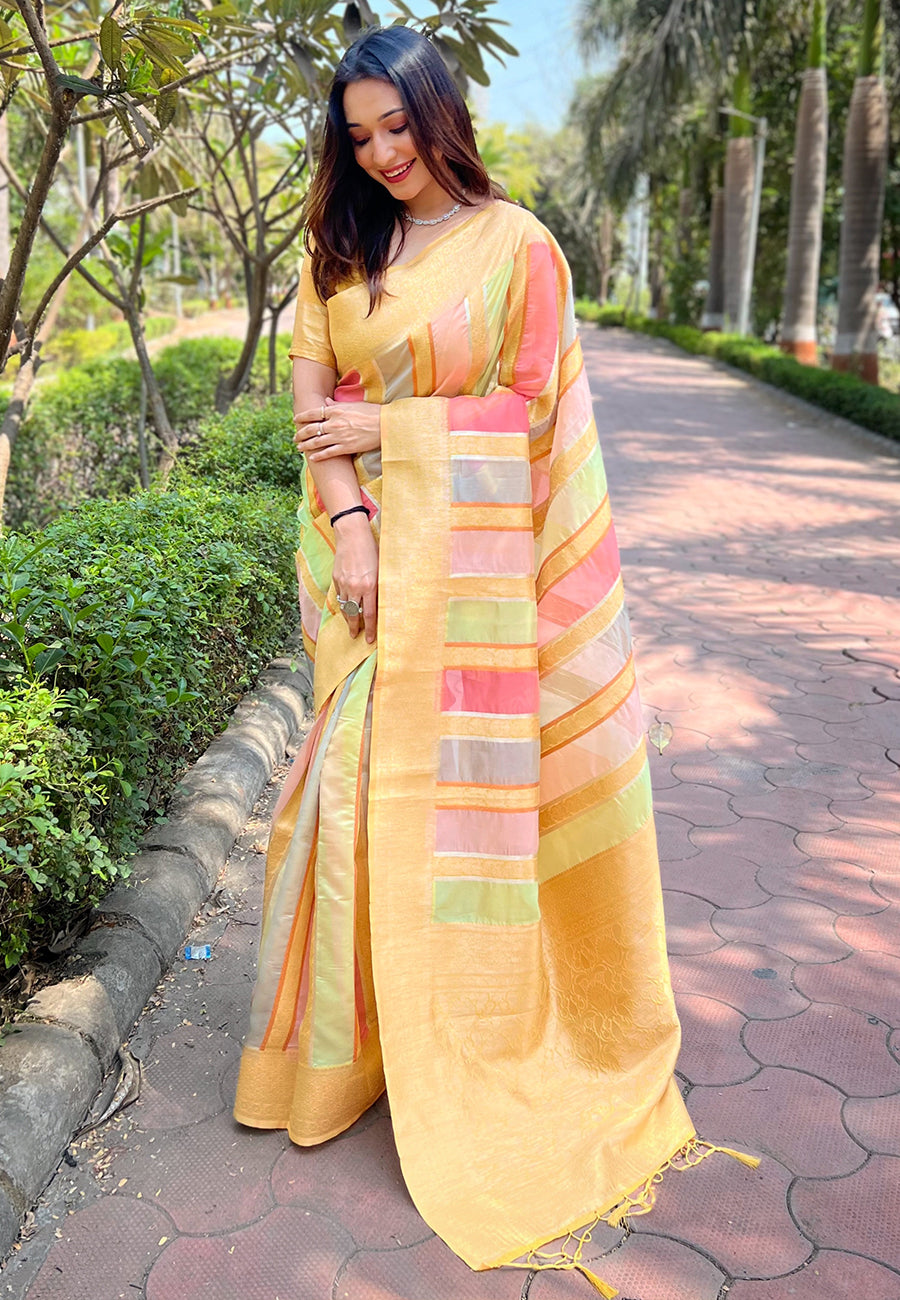 Bright Yellow Organza Saree