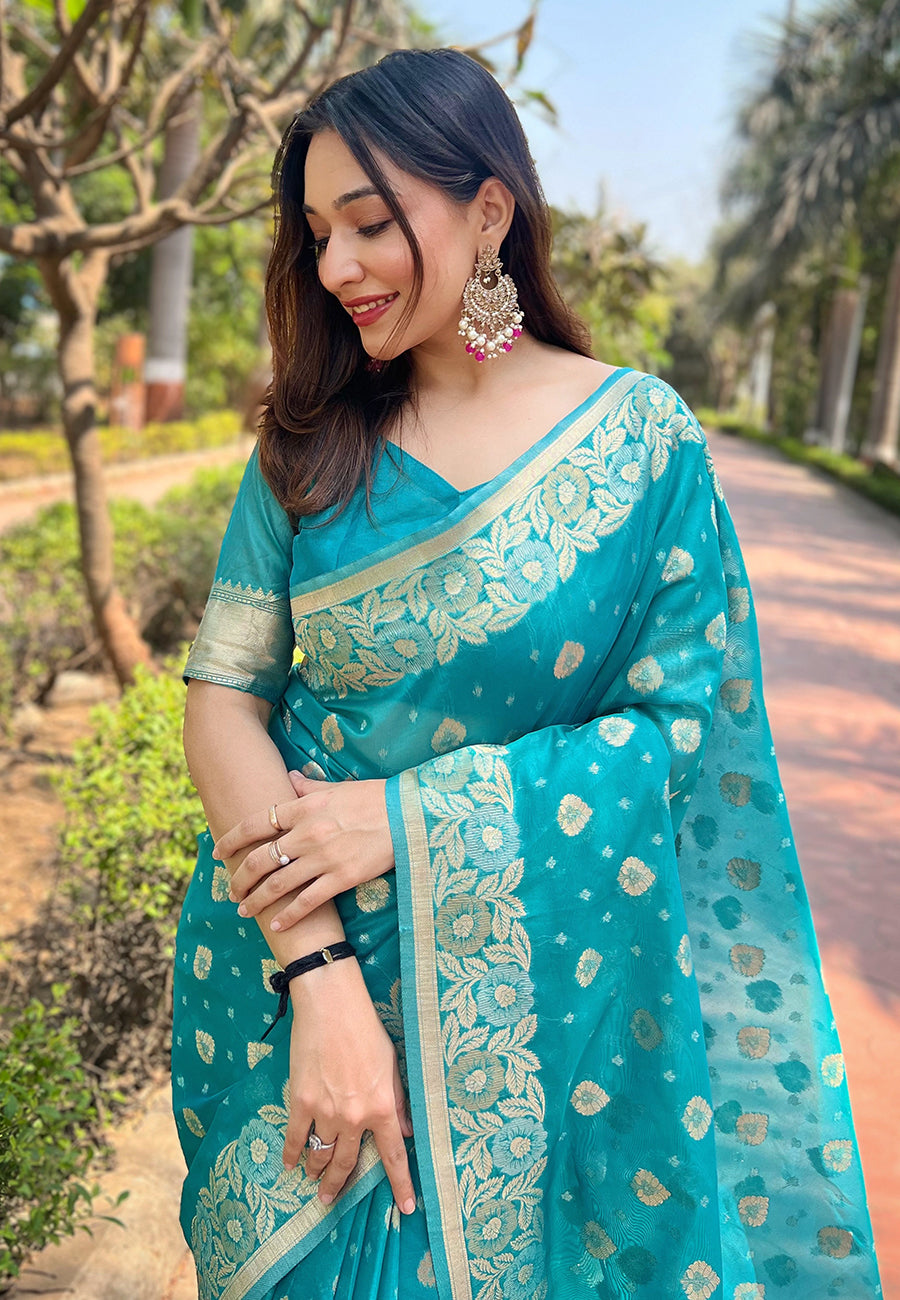 Sky Blue Organza Floral Saree