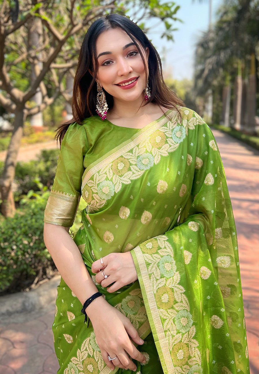 Forest Green Organza Floral Saree