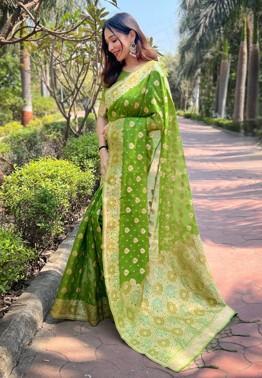 Forest Green Organza Floral Saree