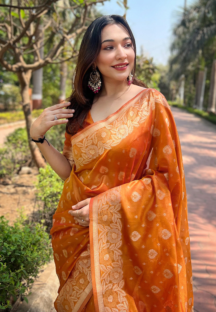 Sinlight Orange Organza Floral Saree