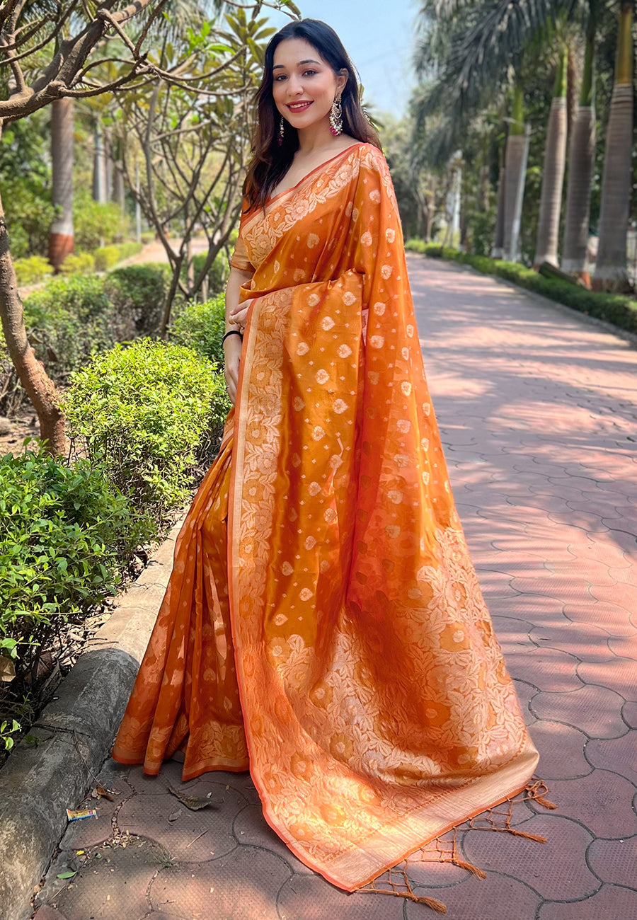 Sinlight Orange Organza Floral Saree