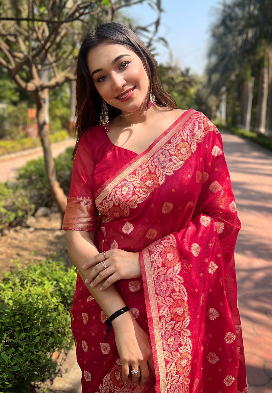 Dark Pink Organza Floral Saree