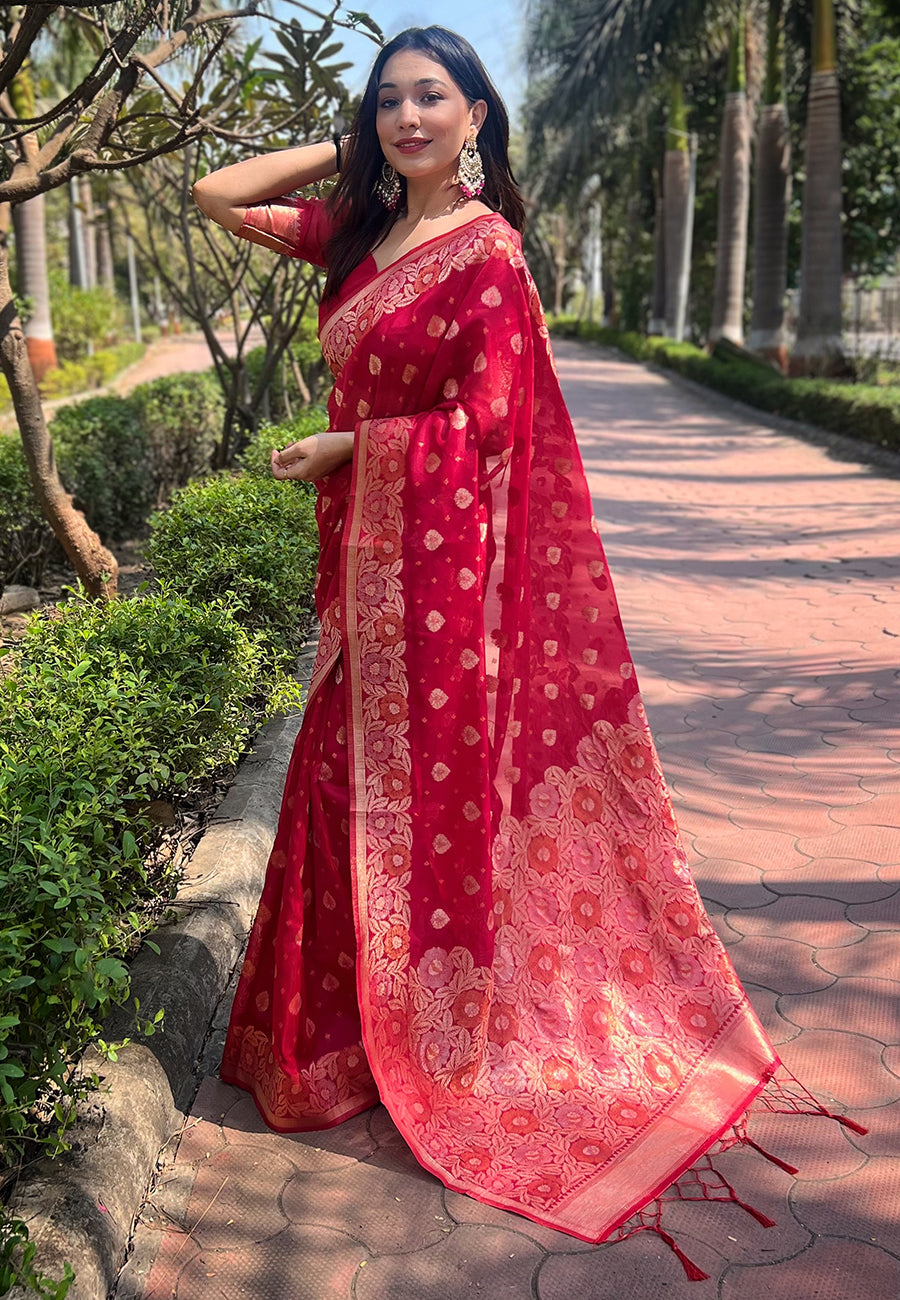 Dark Pink Organza Floral Saree