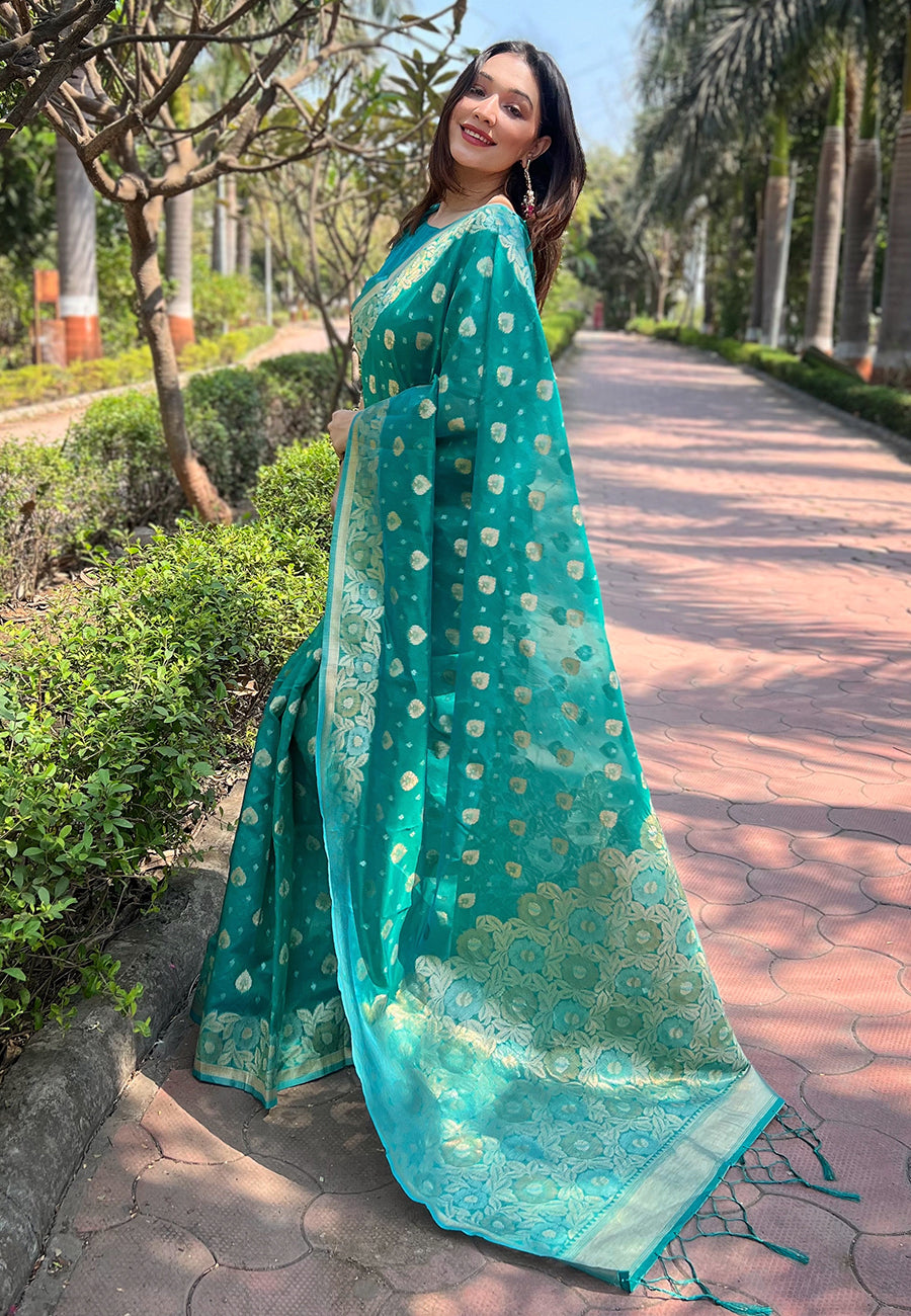 Rama Blue Organza Floral Saree