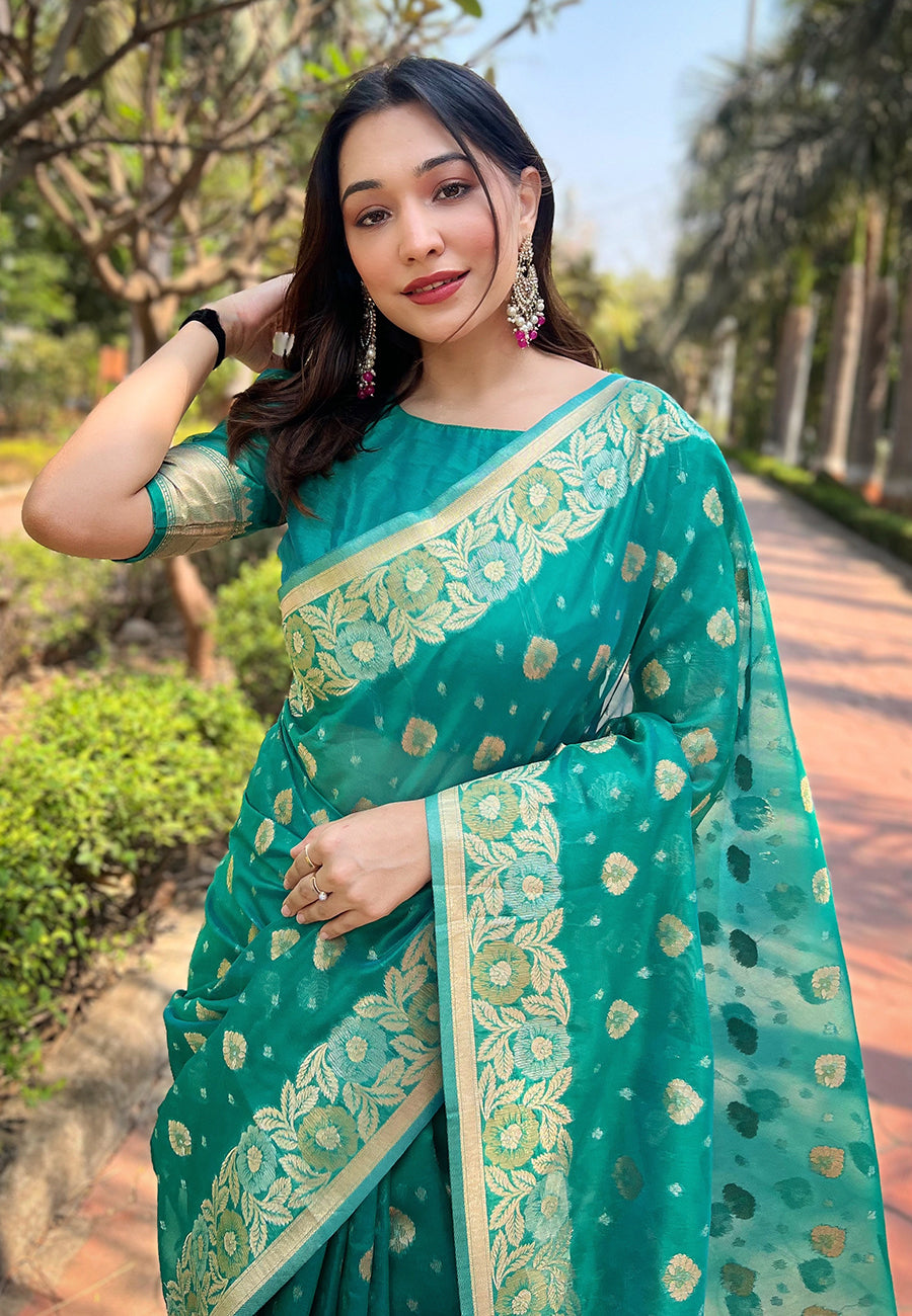 Rama Blue Organza Floral Saree