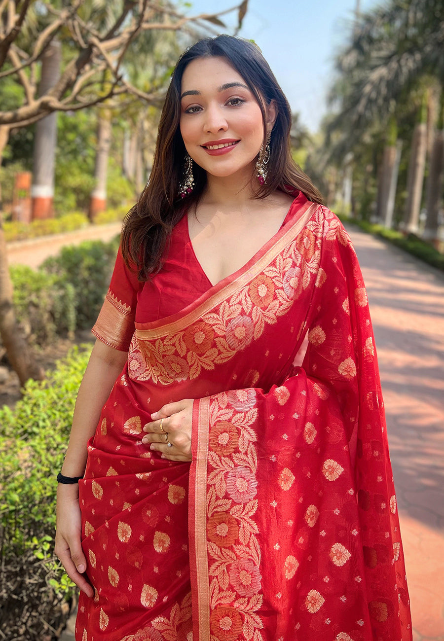 Bright Red Organza Floral Saree