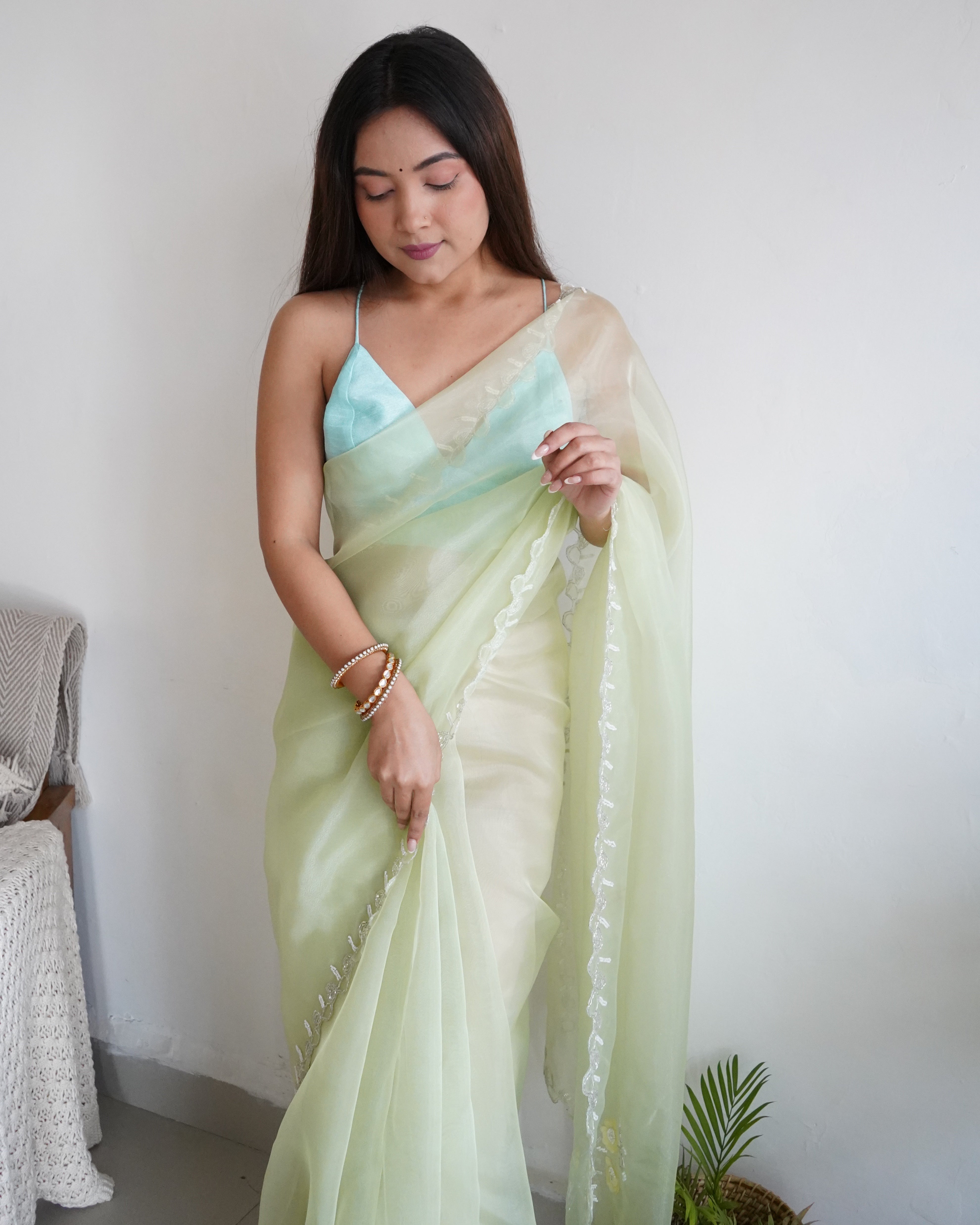 GREEN Organza Saree With Chikankari Blouse