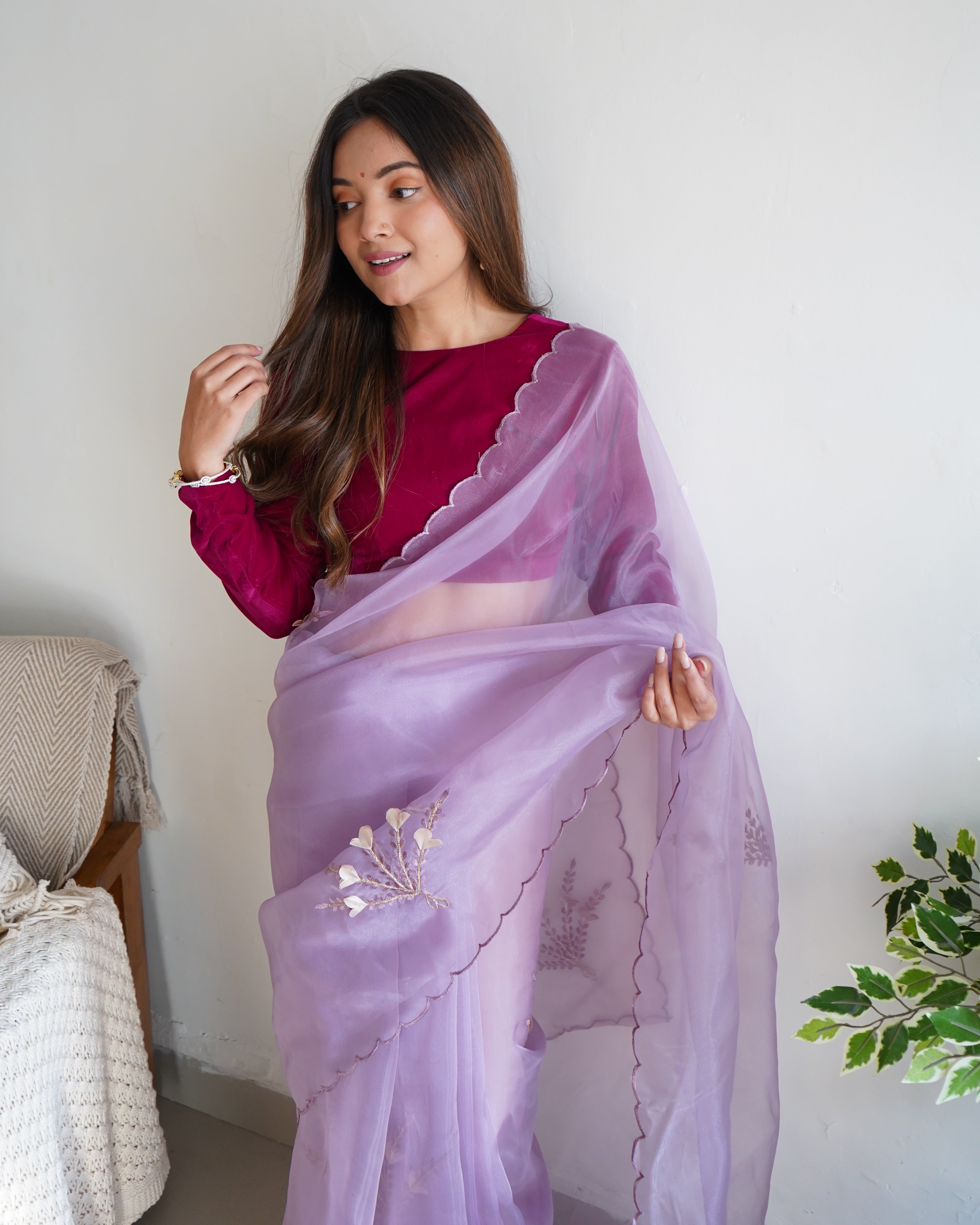 Purple Organza Saree With Satin Benglori Blouse
