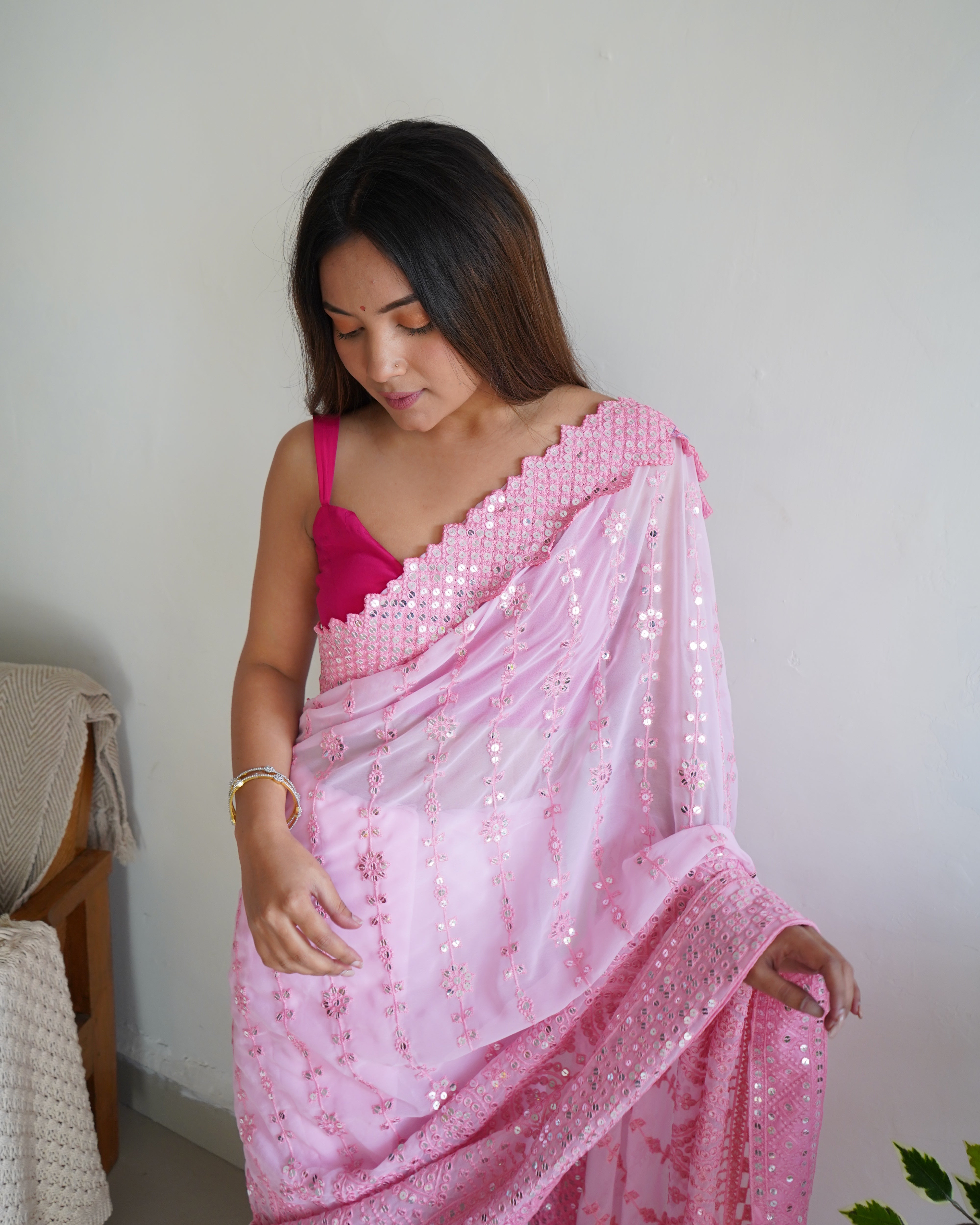 Pink Georgette Saree With Banglori sattin silk work Blouse