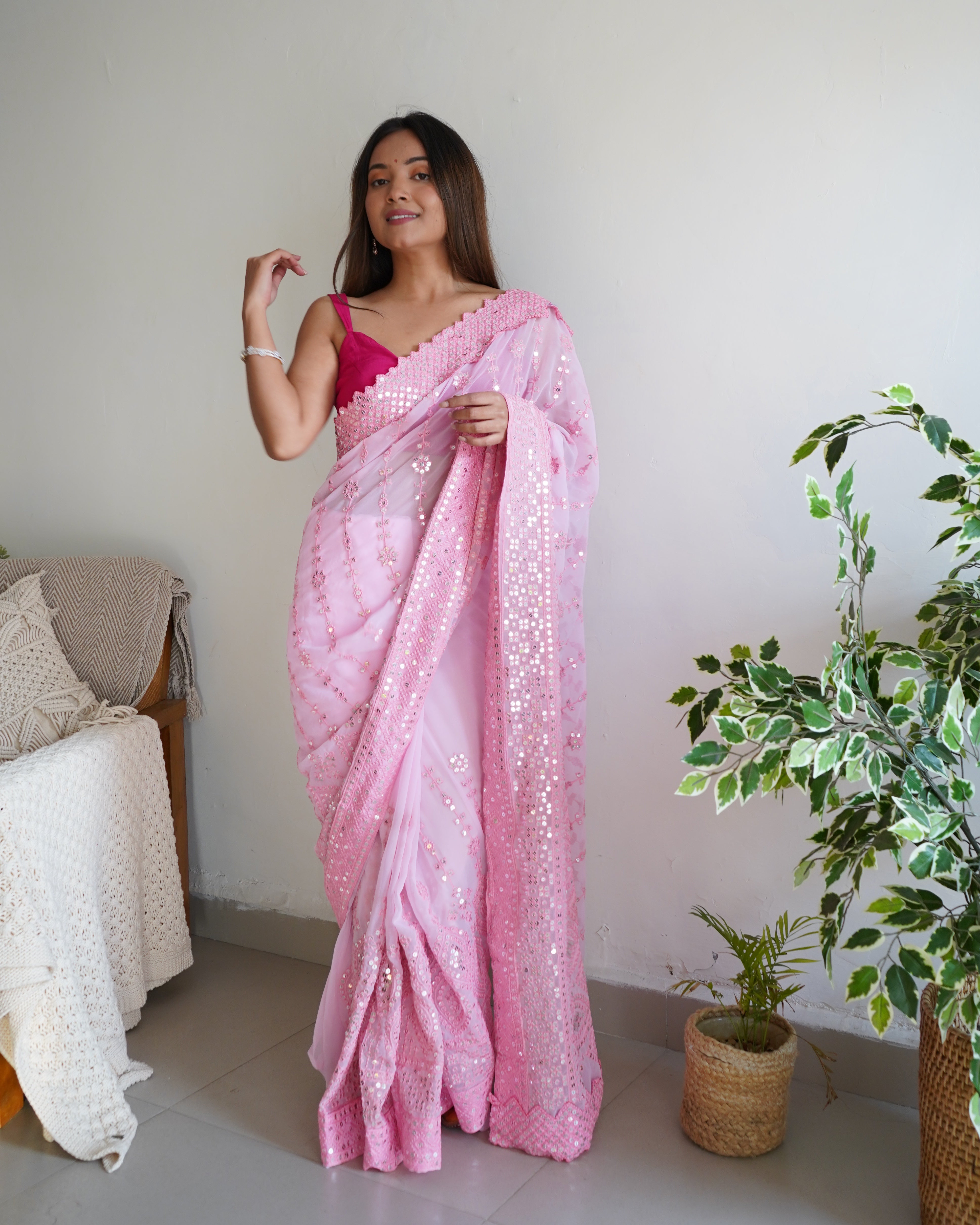 Pink Georgette Saree With Banglori sattin silk work Blouse