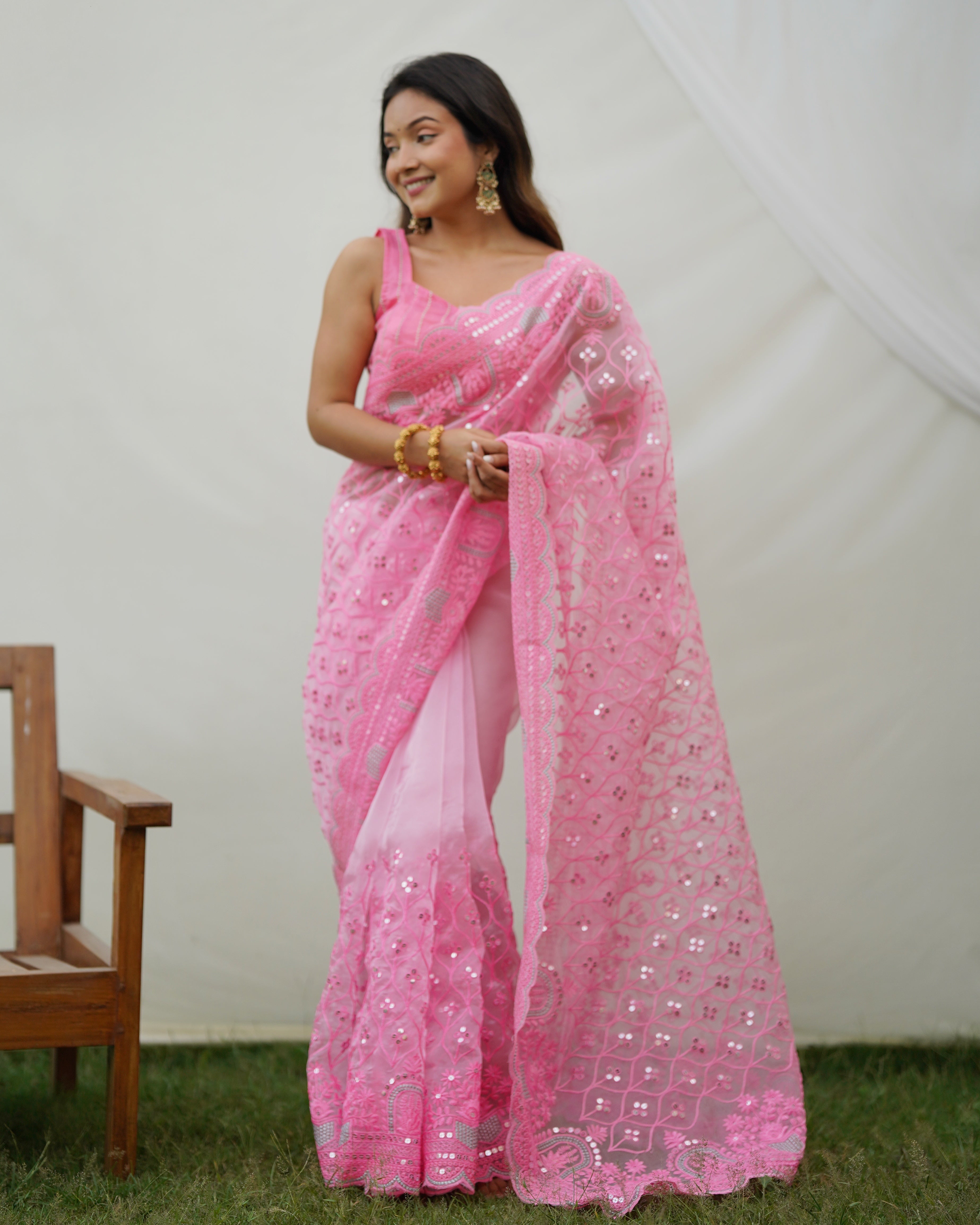 Pink Oraganza Saree With sattin benglori Blouse