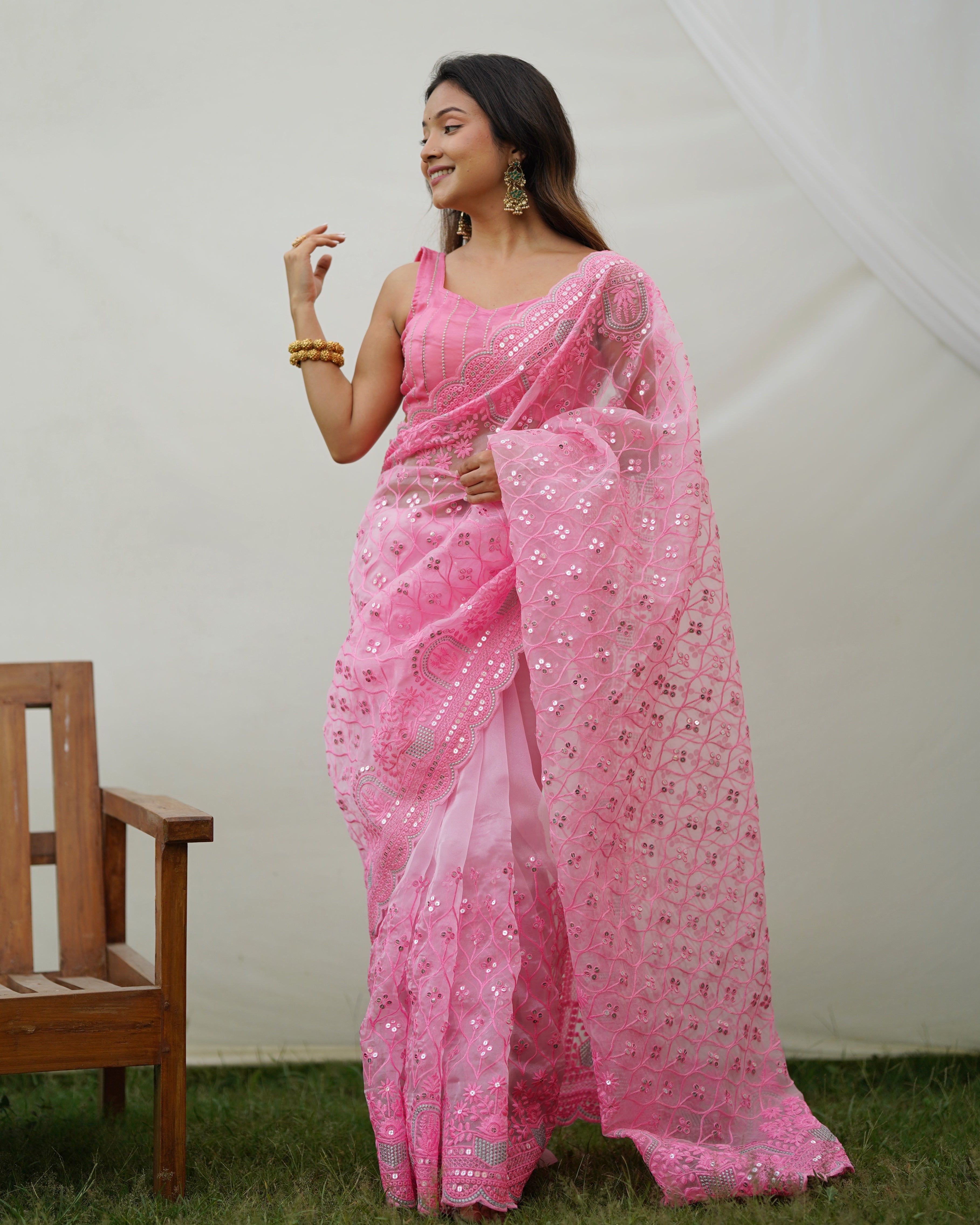 Pink Oraganza Saree With sattin benglori Blouse
