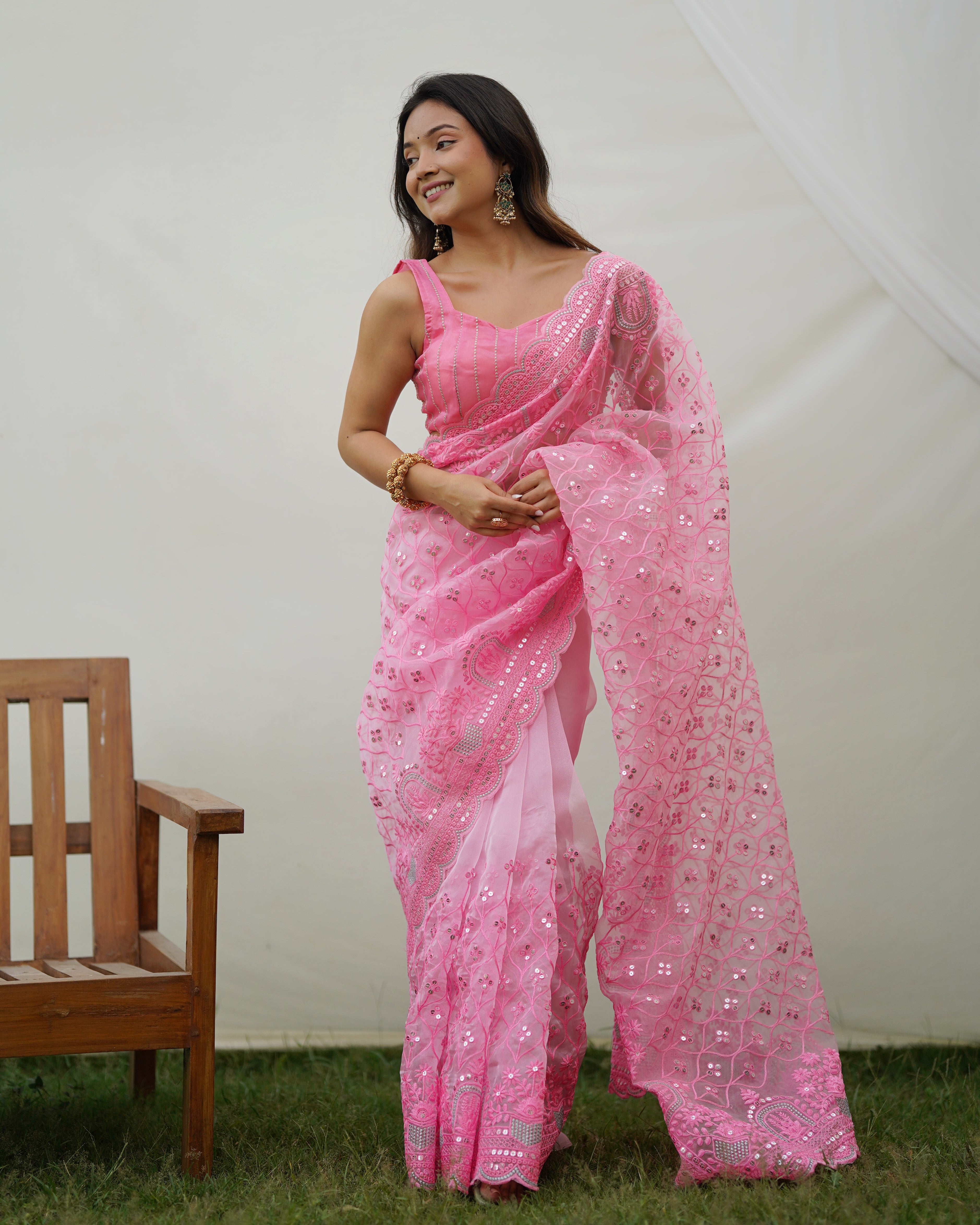 Pink Oraganza Saree With sattin benglori Blouse