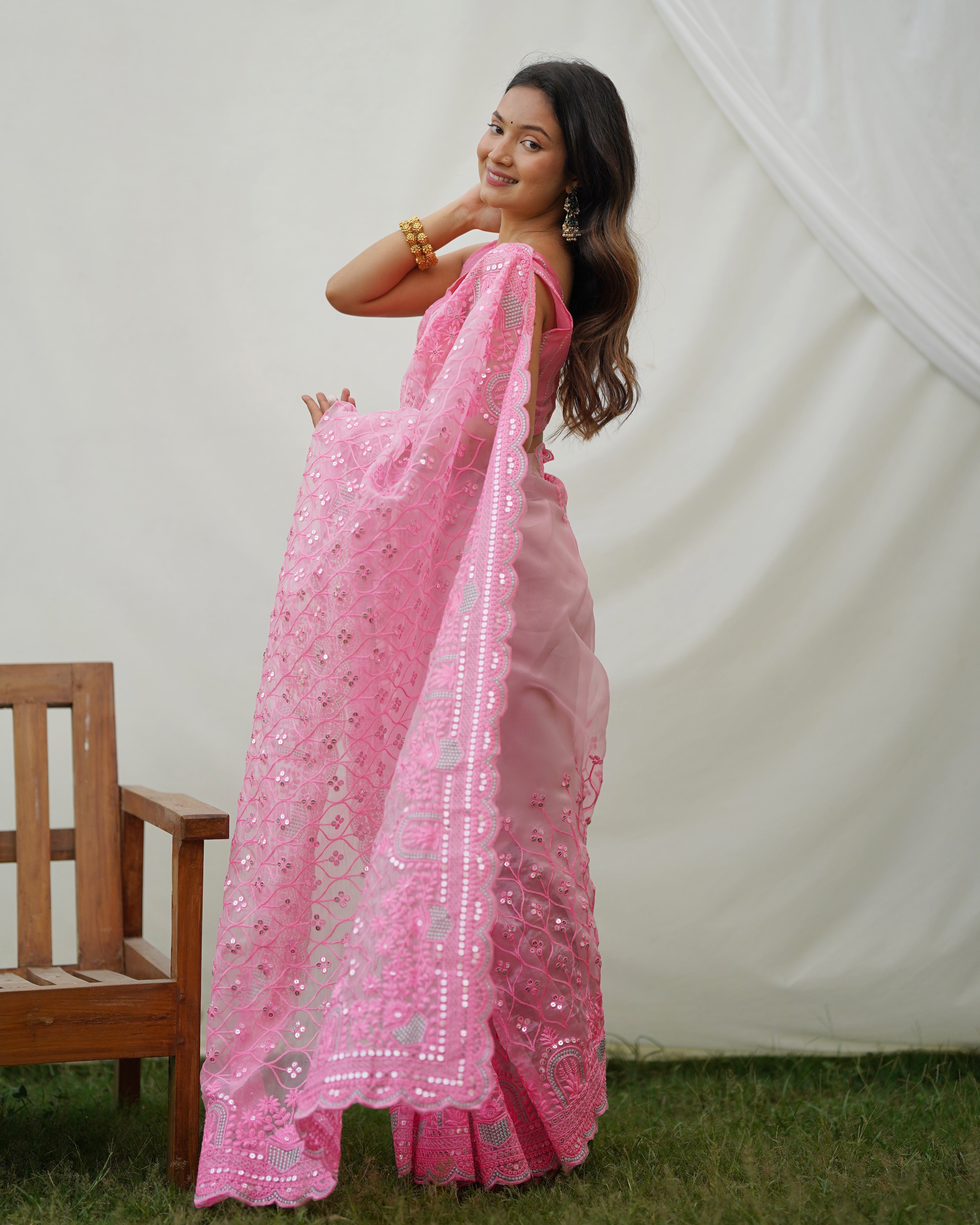 Pink Oraganza Saree With sattin benglori Blouse