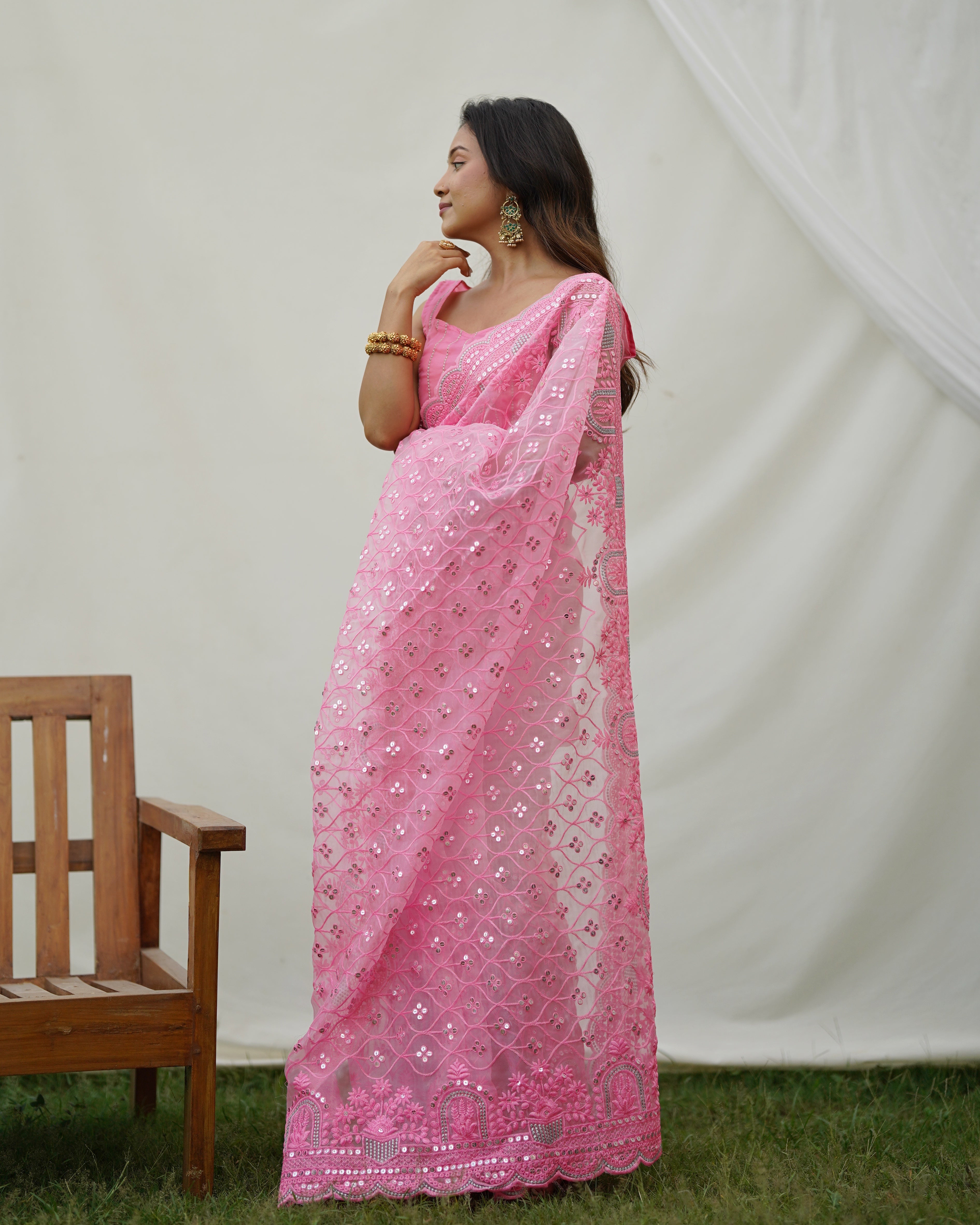 Pink Oraganza Saree With sattin benglori Blouse
