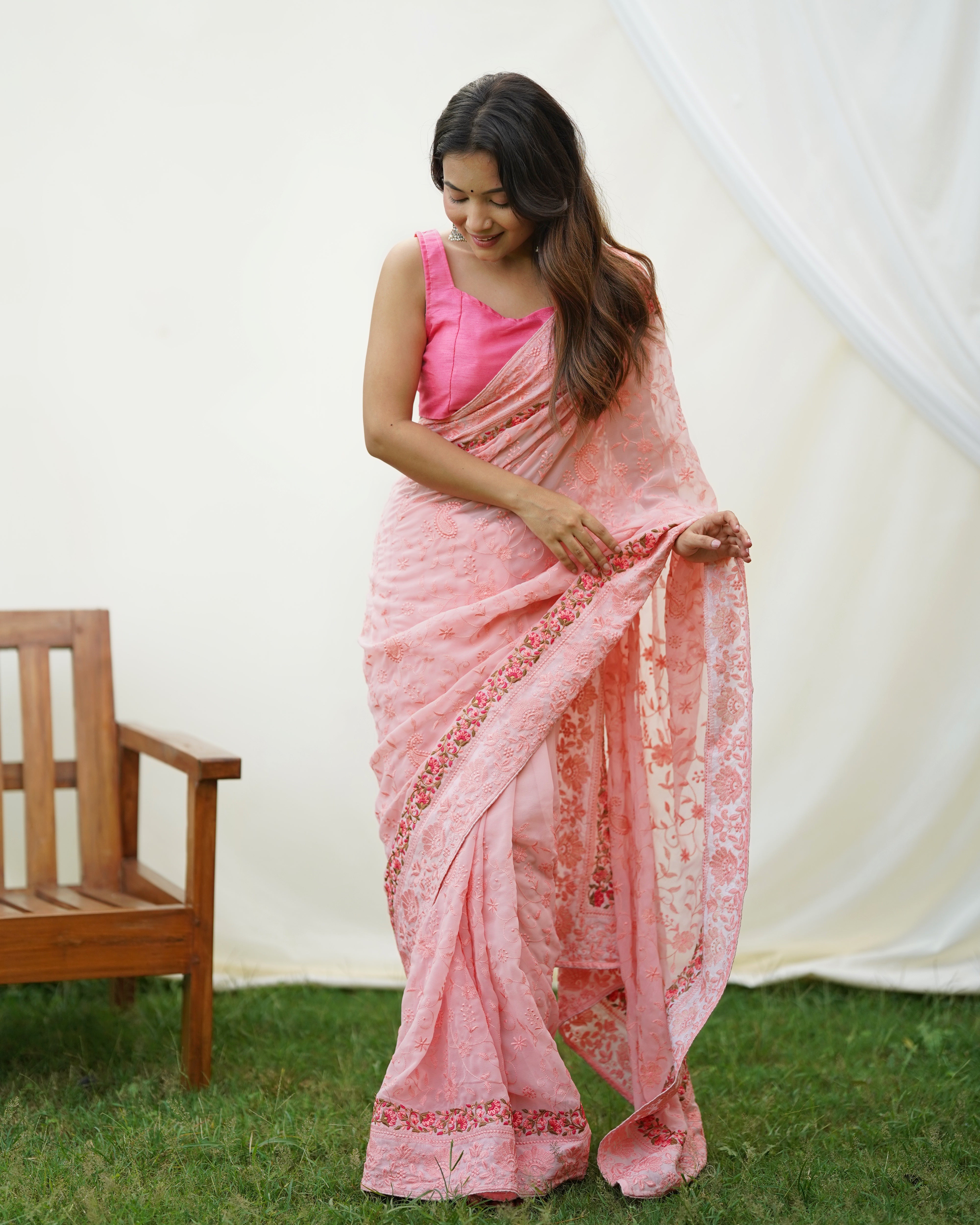 Peach Georgette Saree With sattin benglori Blouse