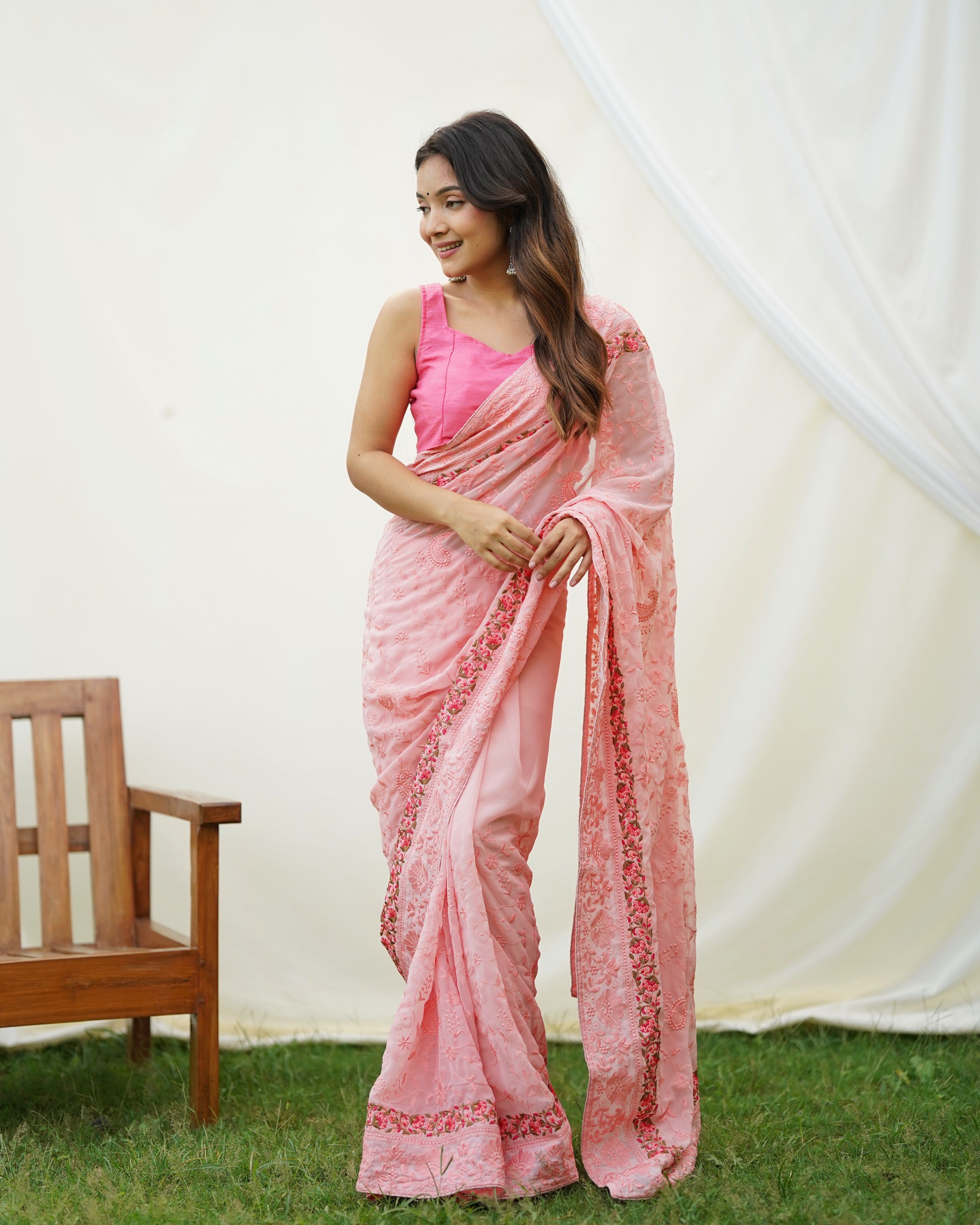 Peach Georgette Saree With sattin benglori Blouse