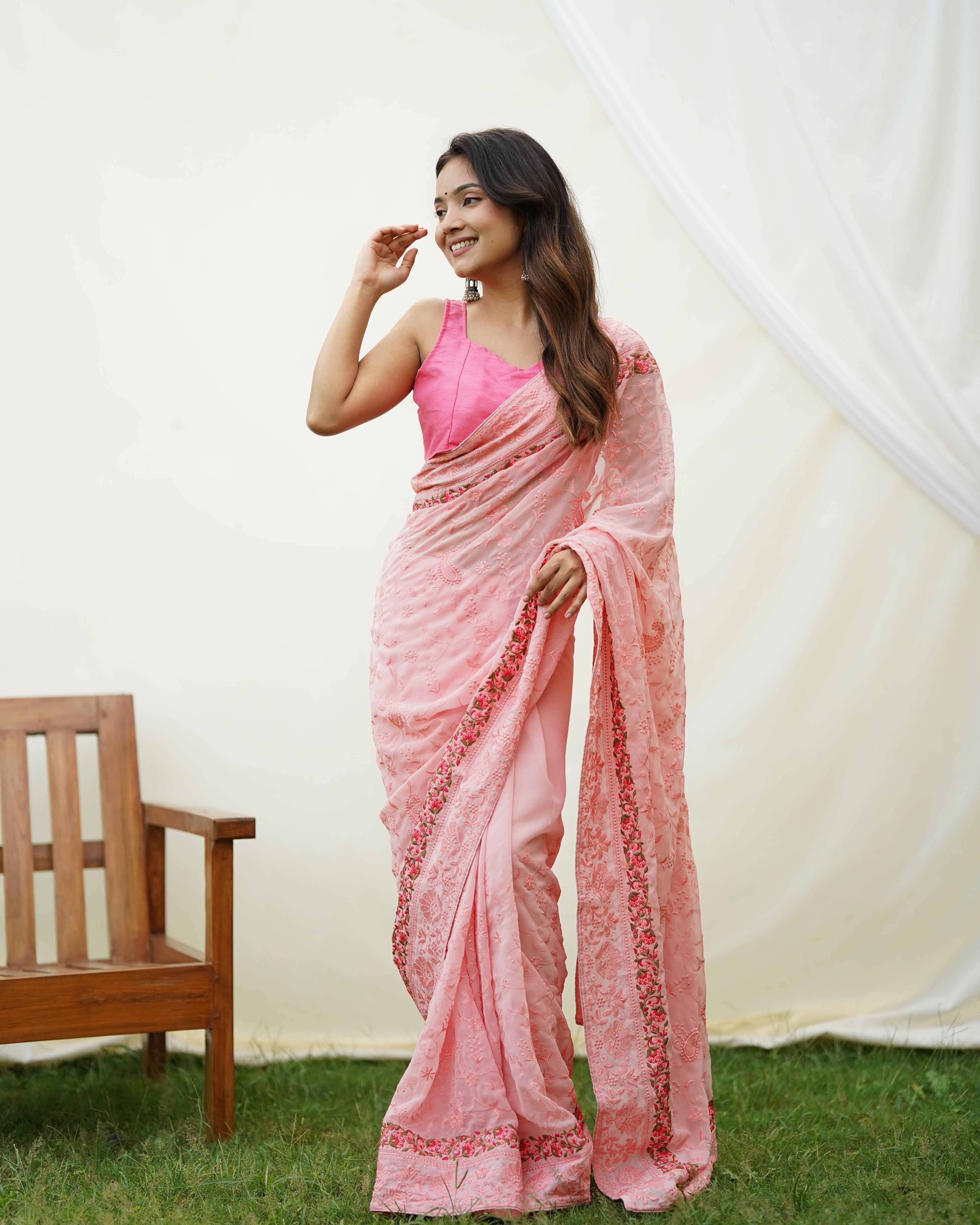 Peach Georgette Saree With sattin benglori Blouse