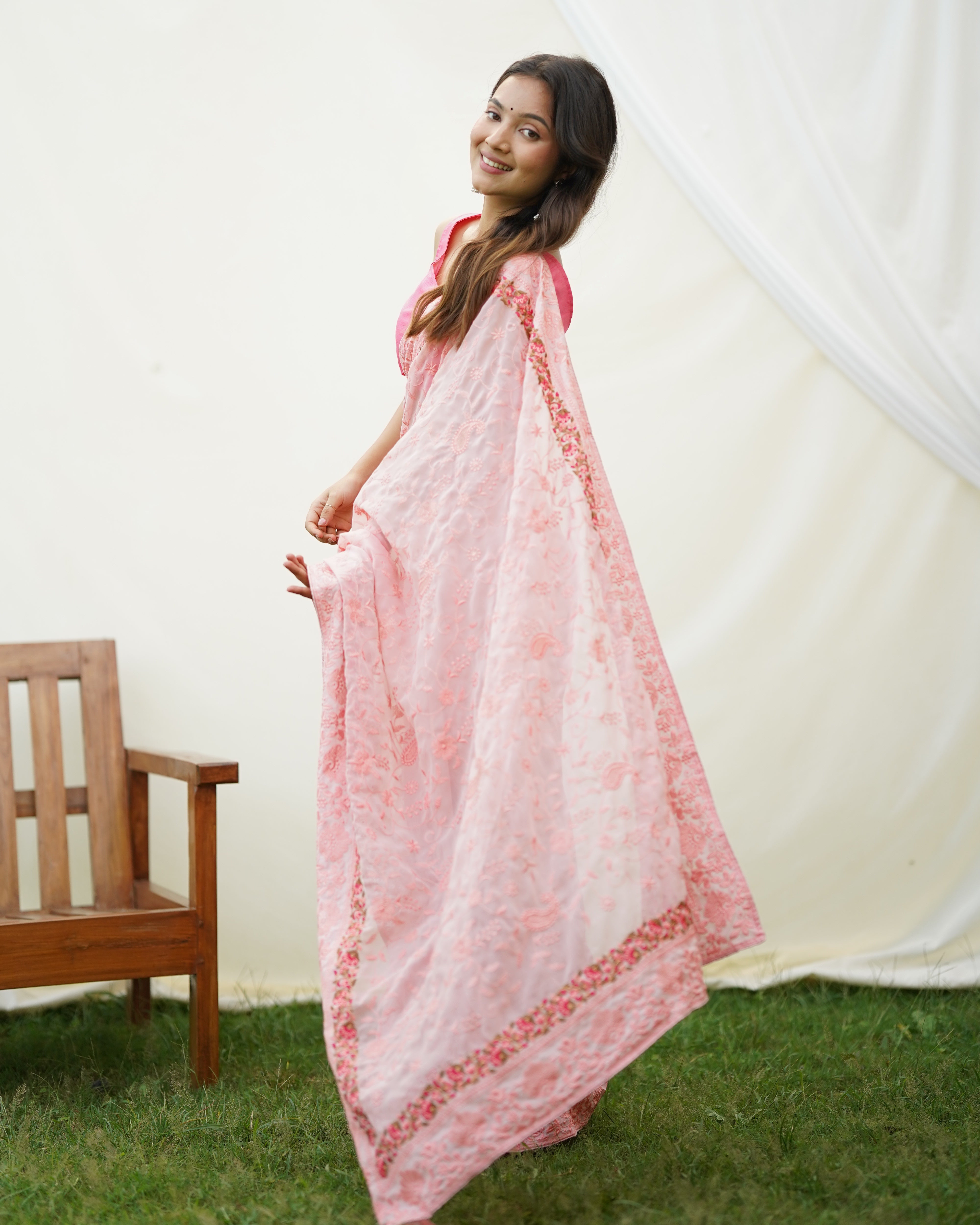 Peach Georgette Saree With sattin benglori Blouse