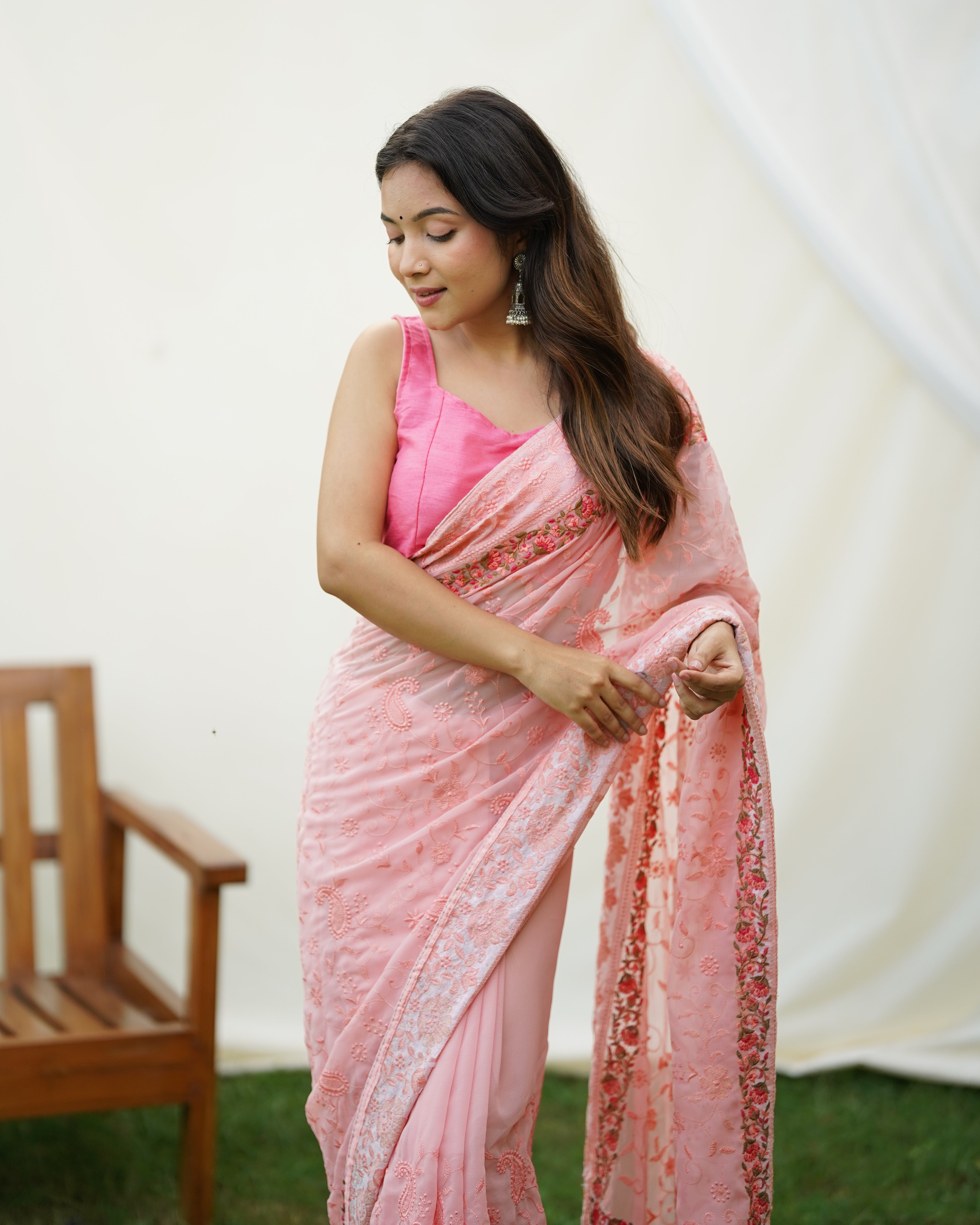 Peach Georgette Saree With sattin benglori Blouse