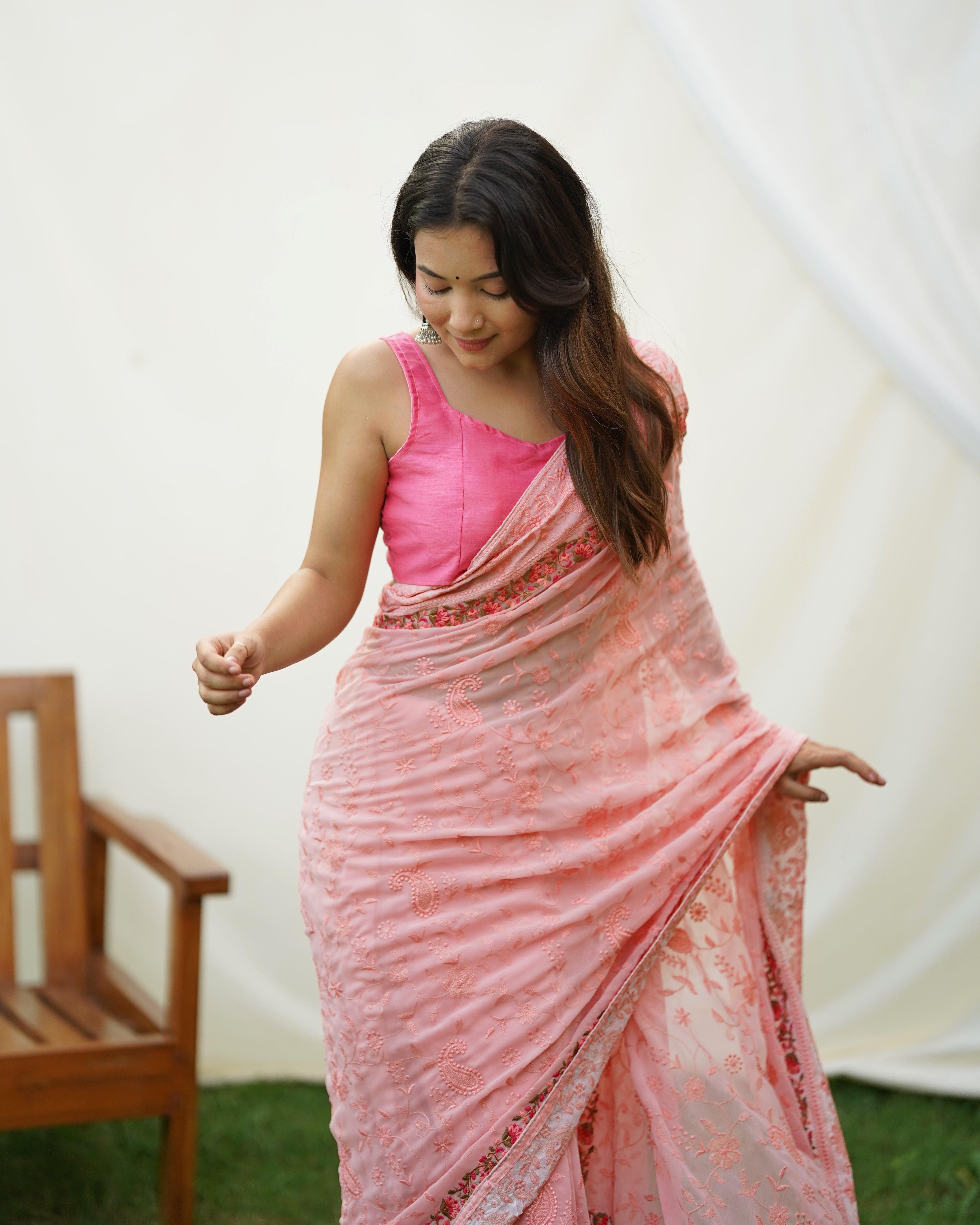 Peach Georgette Saree With sattin benglori Blouse