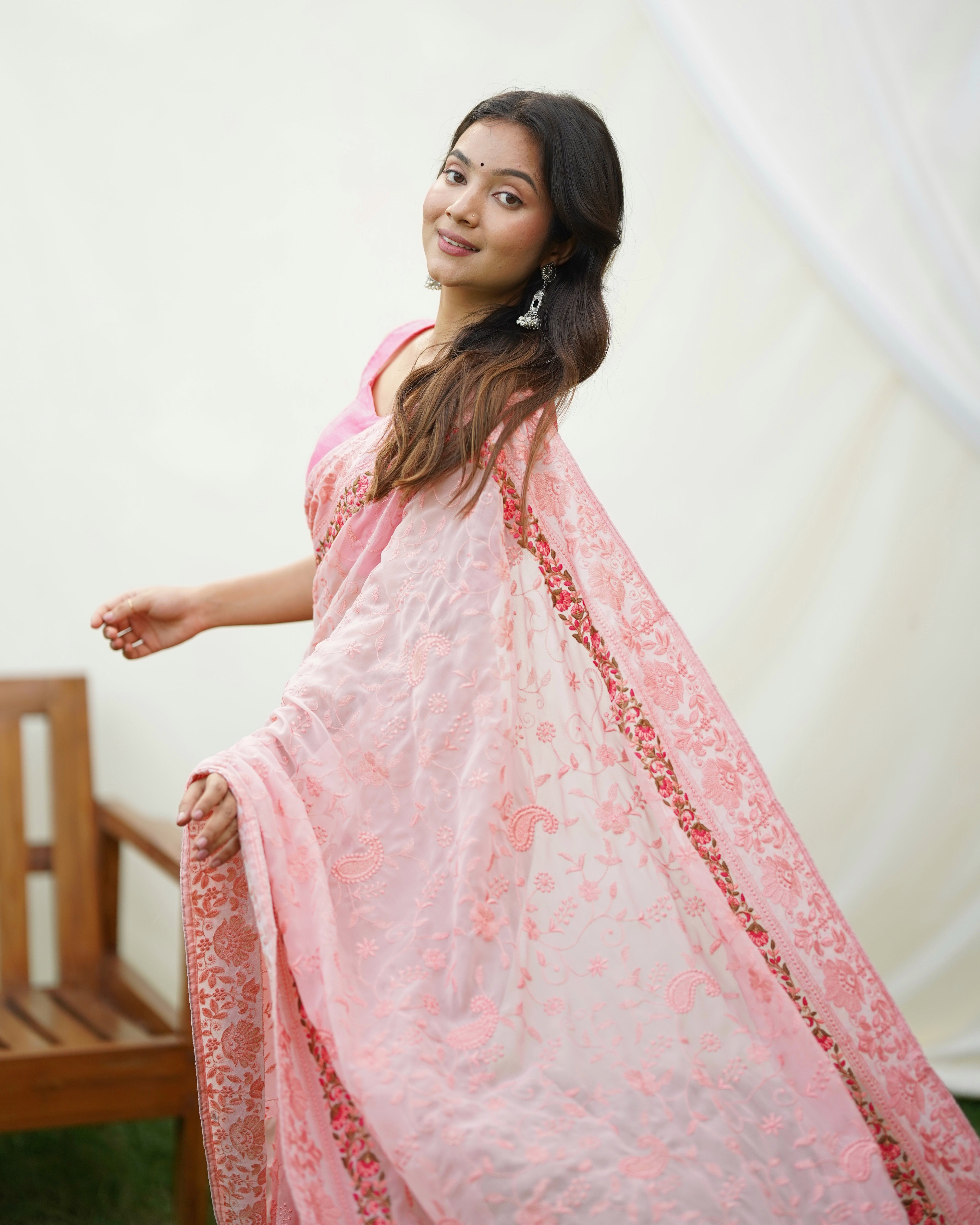 Peach Georgette Saree With sattin benglori Blouse