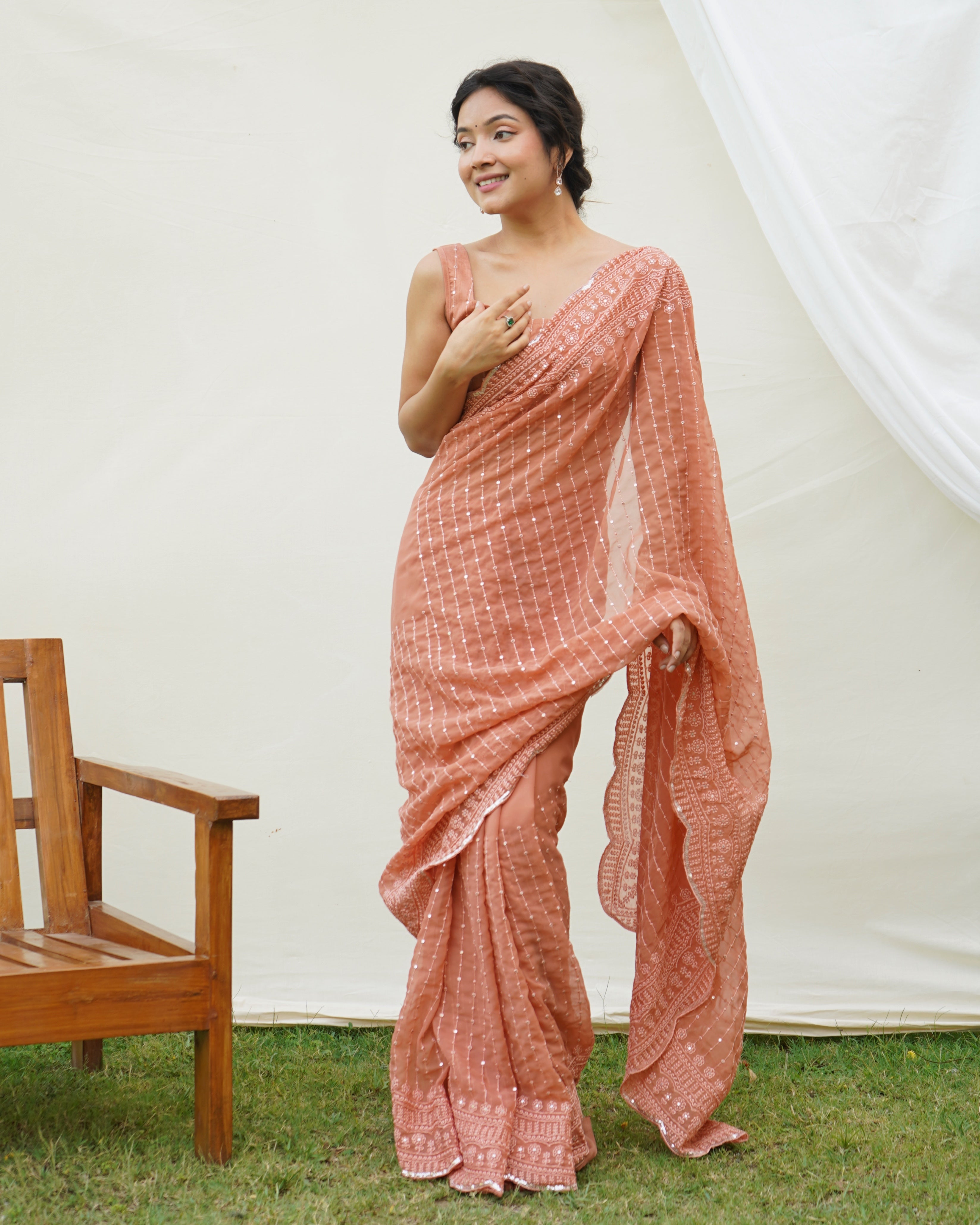 Orange Georgette Saree With Sattin Benglori Blouse