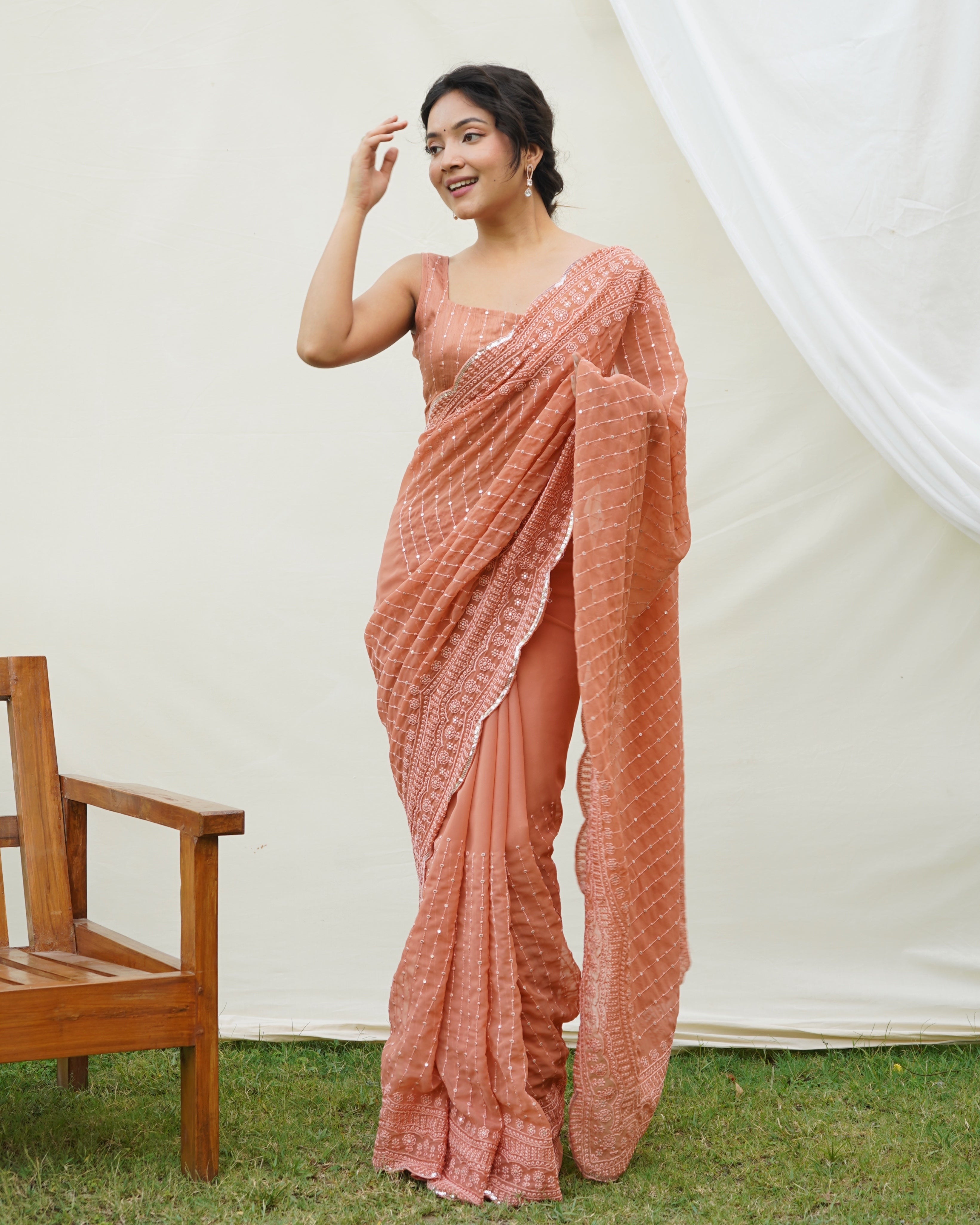Orange Georgette Saree With Sattin Benglori Blouse